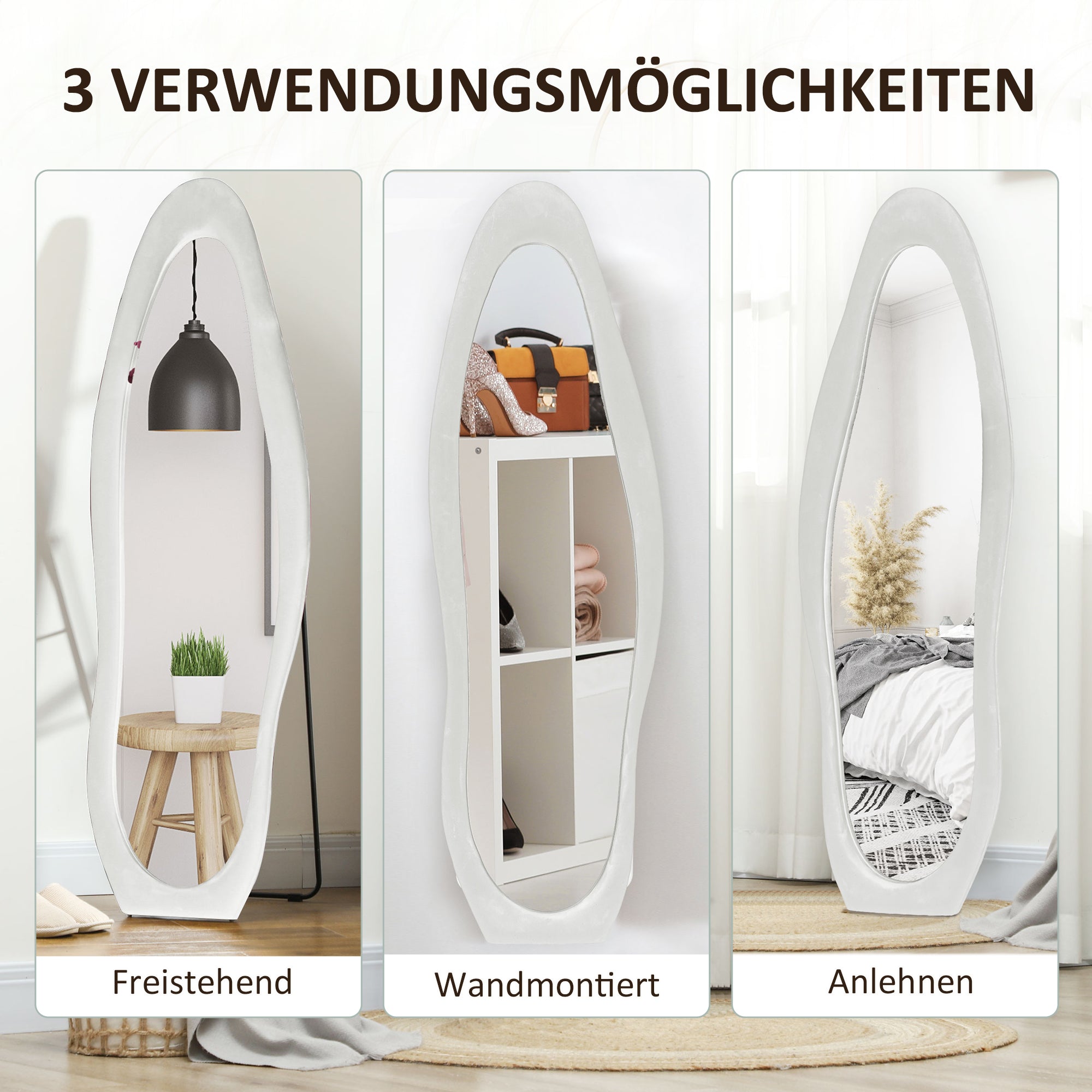 Full Length Mirror, 50 x 160 cm, Irregular Wavy, White Velvet