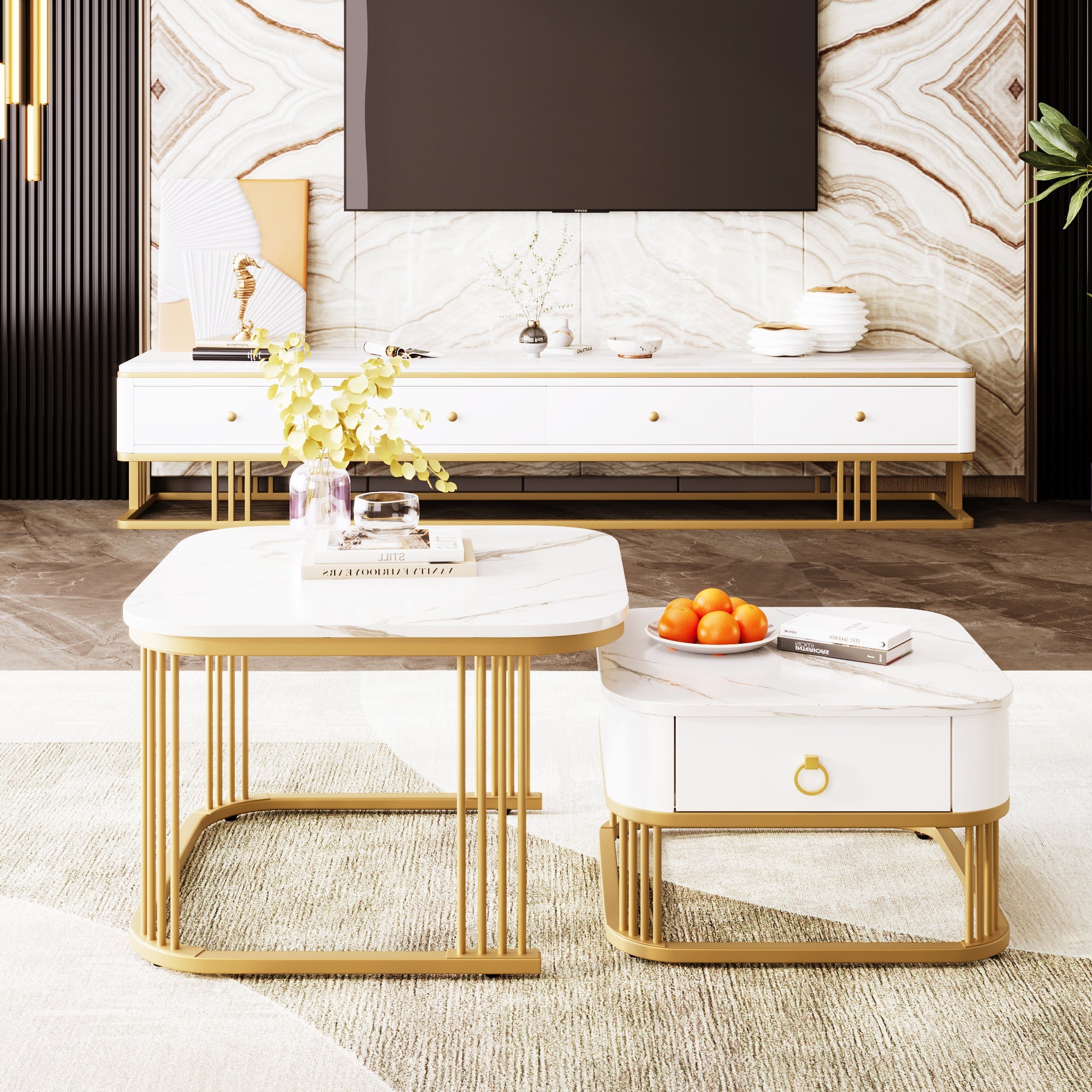 Stackable Coffee Table: Marble Look, Gold Accents, Two-Piece Set