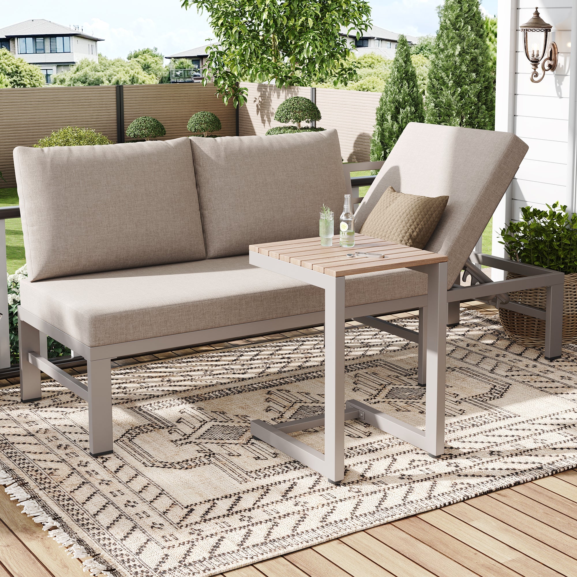 3-Seater Outdoor Sofa and Table Set with Adjustable Reclining Function, Khaki