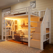 Loft Bed with Storage Steps, LED Lights and Iron Frame, 90 x 200 cm, White
