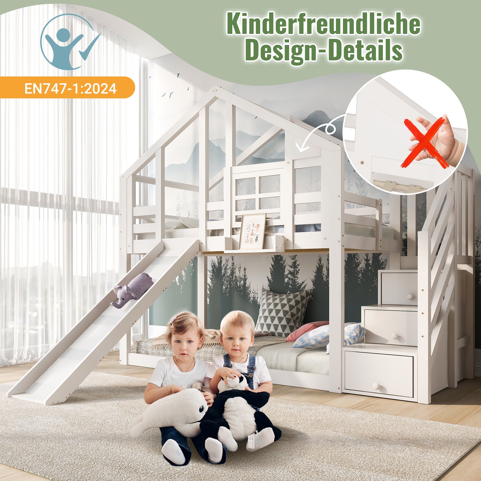 Children's Bed Tree House 90x200cm, Bunk Bed with Slide & Fall Protection, White