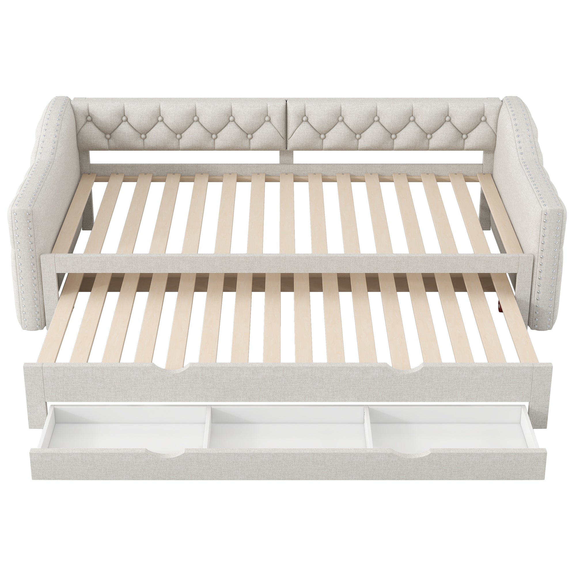 Upholstered Daybed 90x200 LED Pull-Out Bed 3 Drawers - Beige