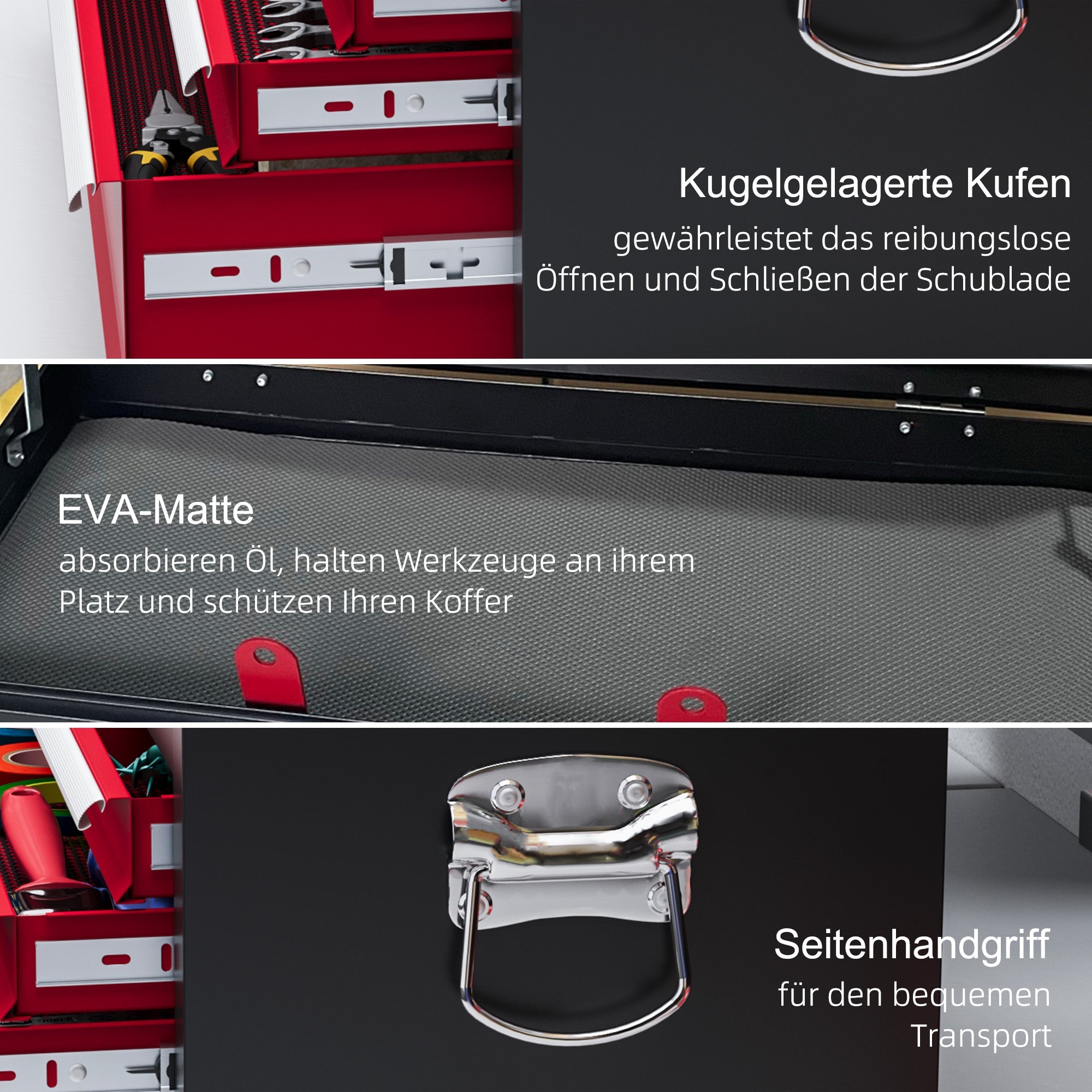 Tool box 6 drawers with lock and handle, steel red and black