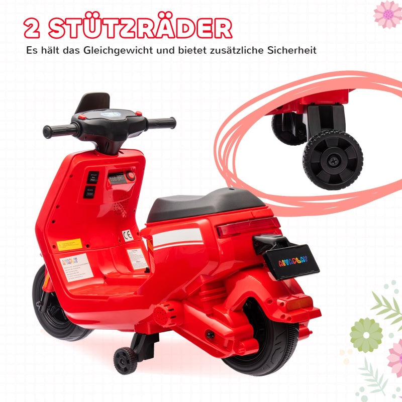 AIYAPLAY 6V Electric Motorcycle for Kids, with Headlight, Music, Training Wheels, Red