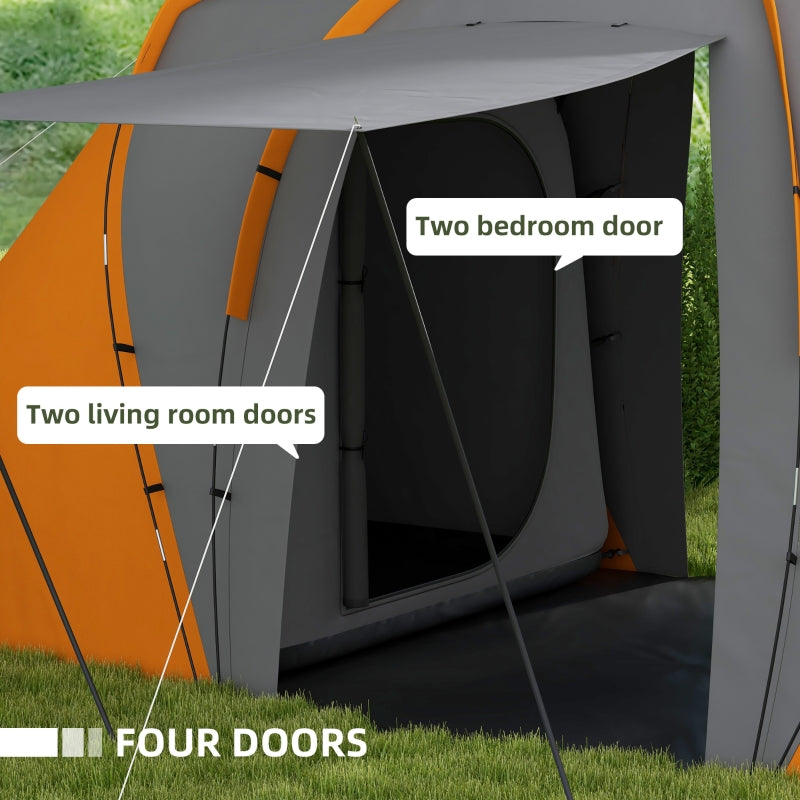 Large Camping Tent Tunnel Tent, 2 Bedroom Living Area, 4-6 Man, Waterproof, Orange