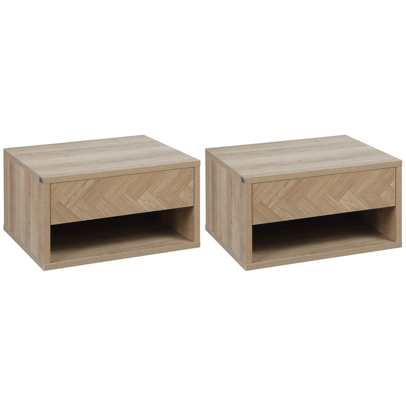 Bedside Table Wall Mounted Nightstand with Drawer and Shelf, Natural (2 Pieces)