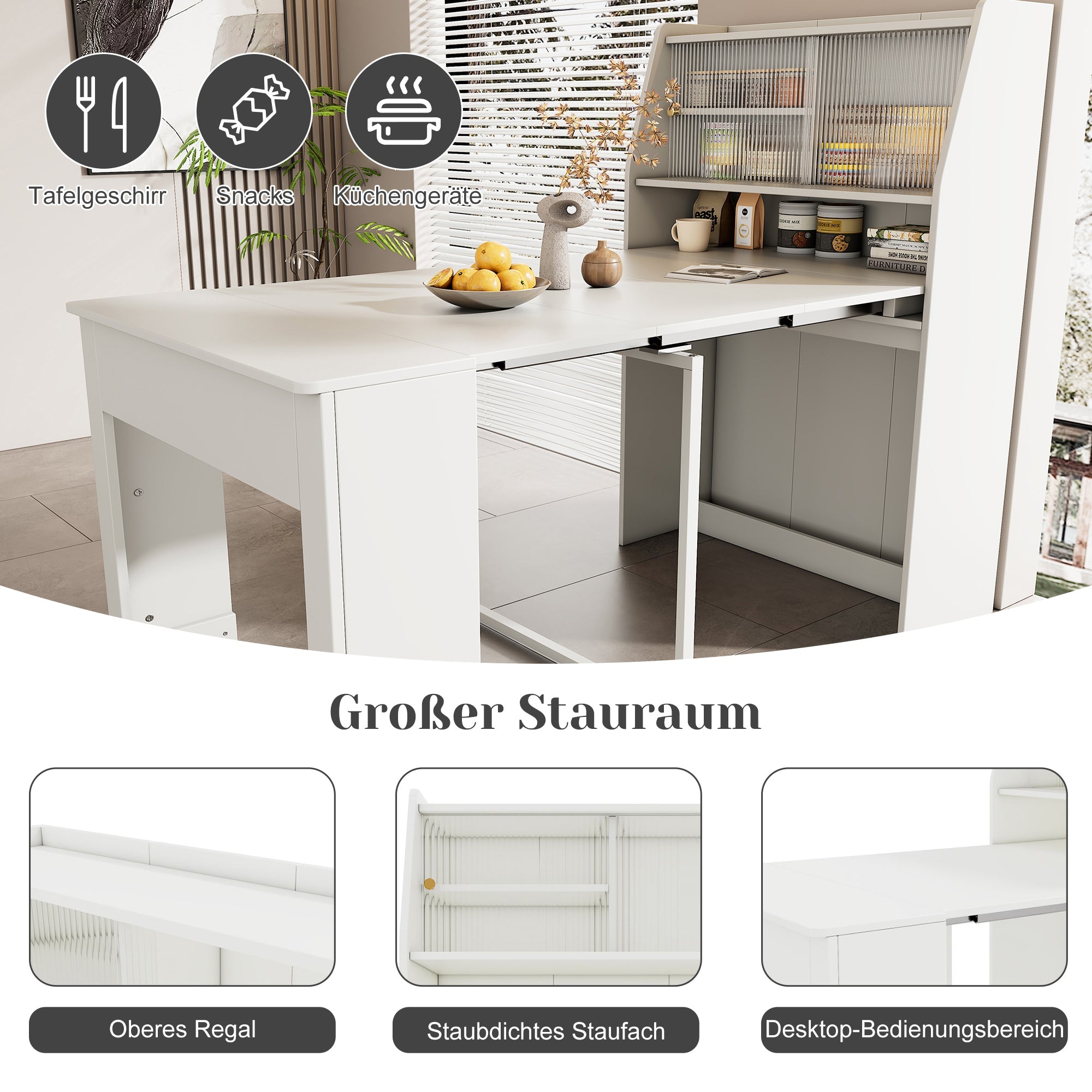 Extendable Dining Table Multifunctional Storage Cabinet Rectangular White