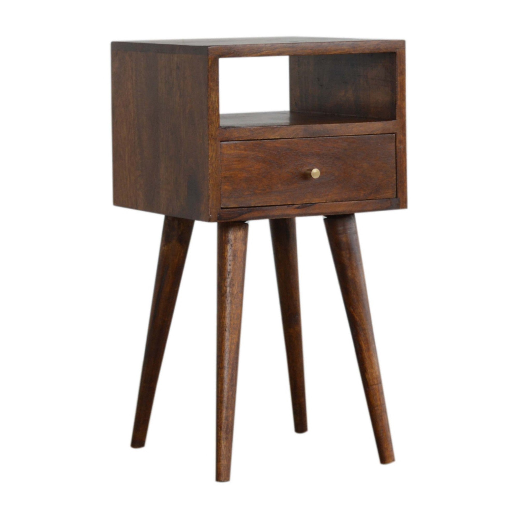 Solid Wood Mini Bedside, 1 Drawer Open Shelf, Dark Brown