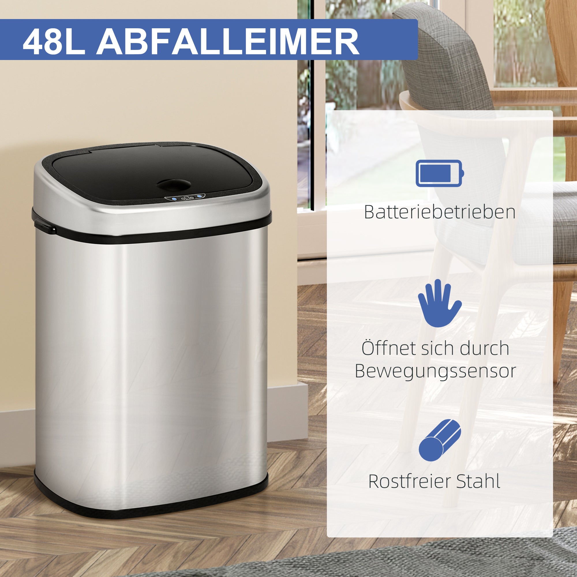 Mülleimer, 48L Infrarotsensor Hygienisch, Edelstahl Silber