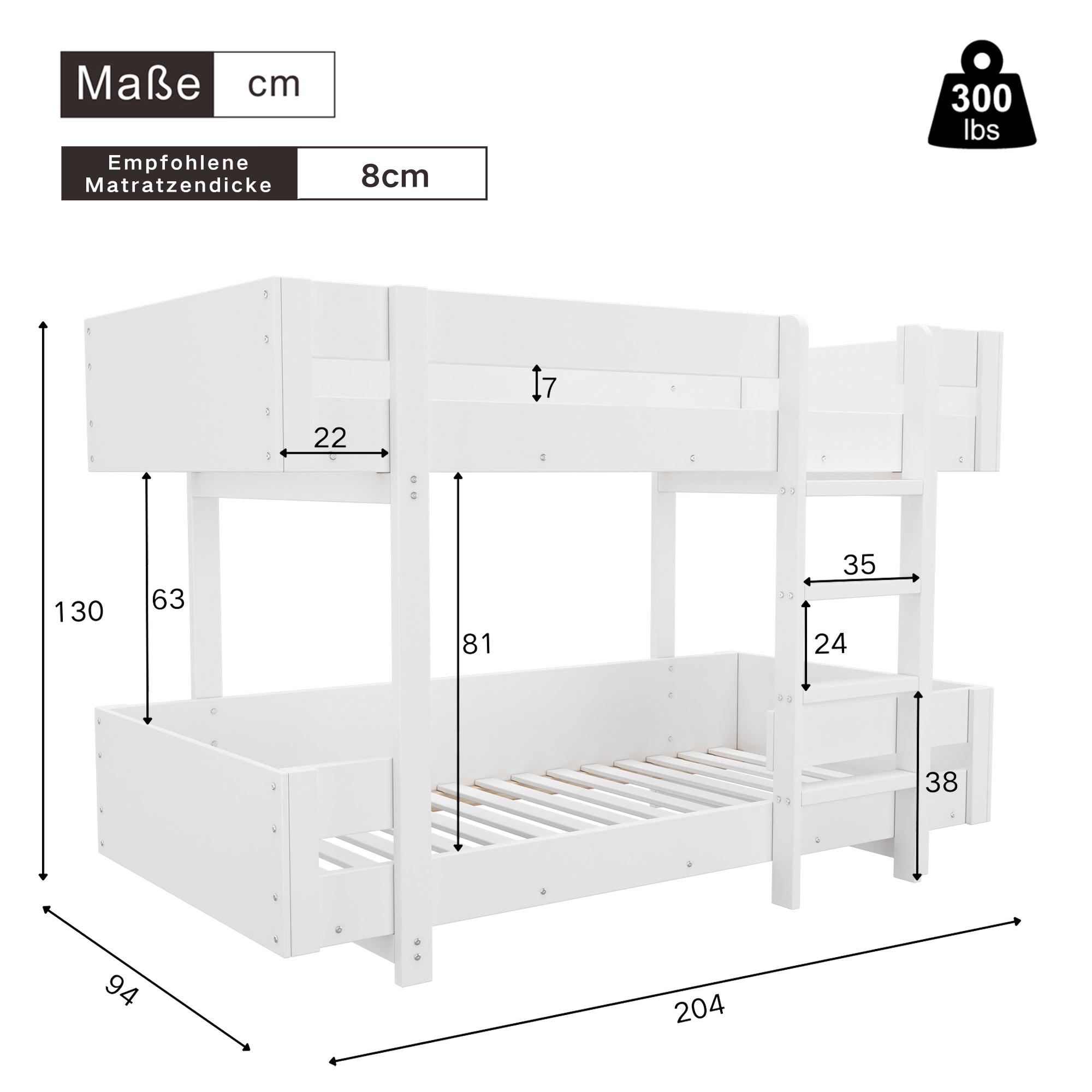 Children's Bunk Bed with Stairs and Reinforced Railing, 90x200cm, White