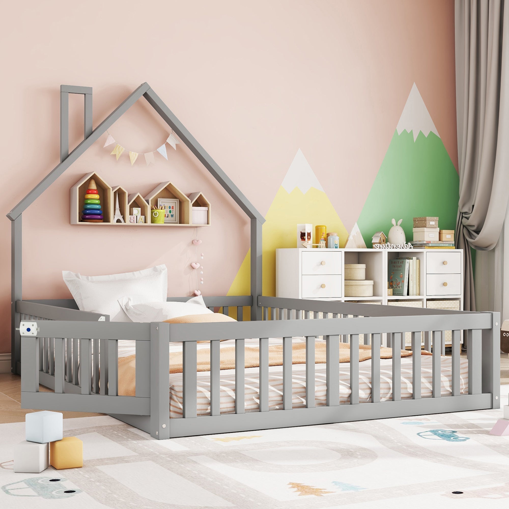 Children's Upholstered Bed with Chimney Shape and Slatted Base, 140x190cm, Grey Pine Wood