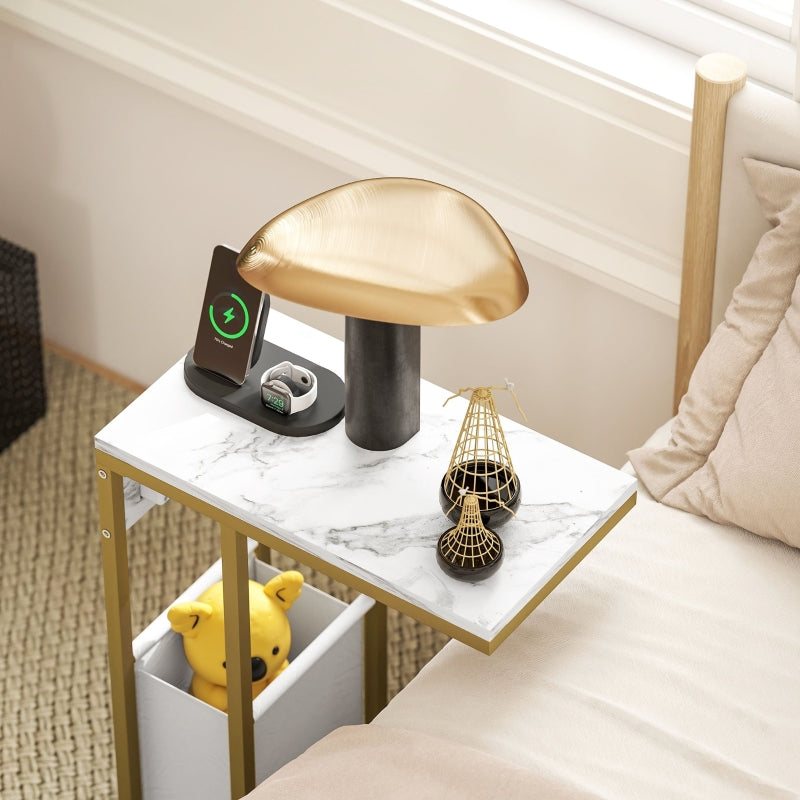 C Shaped Side Table Charging Station, Faux Marble Top - White