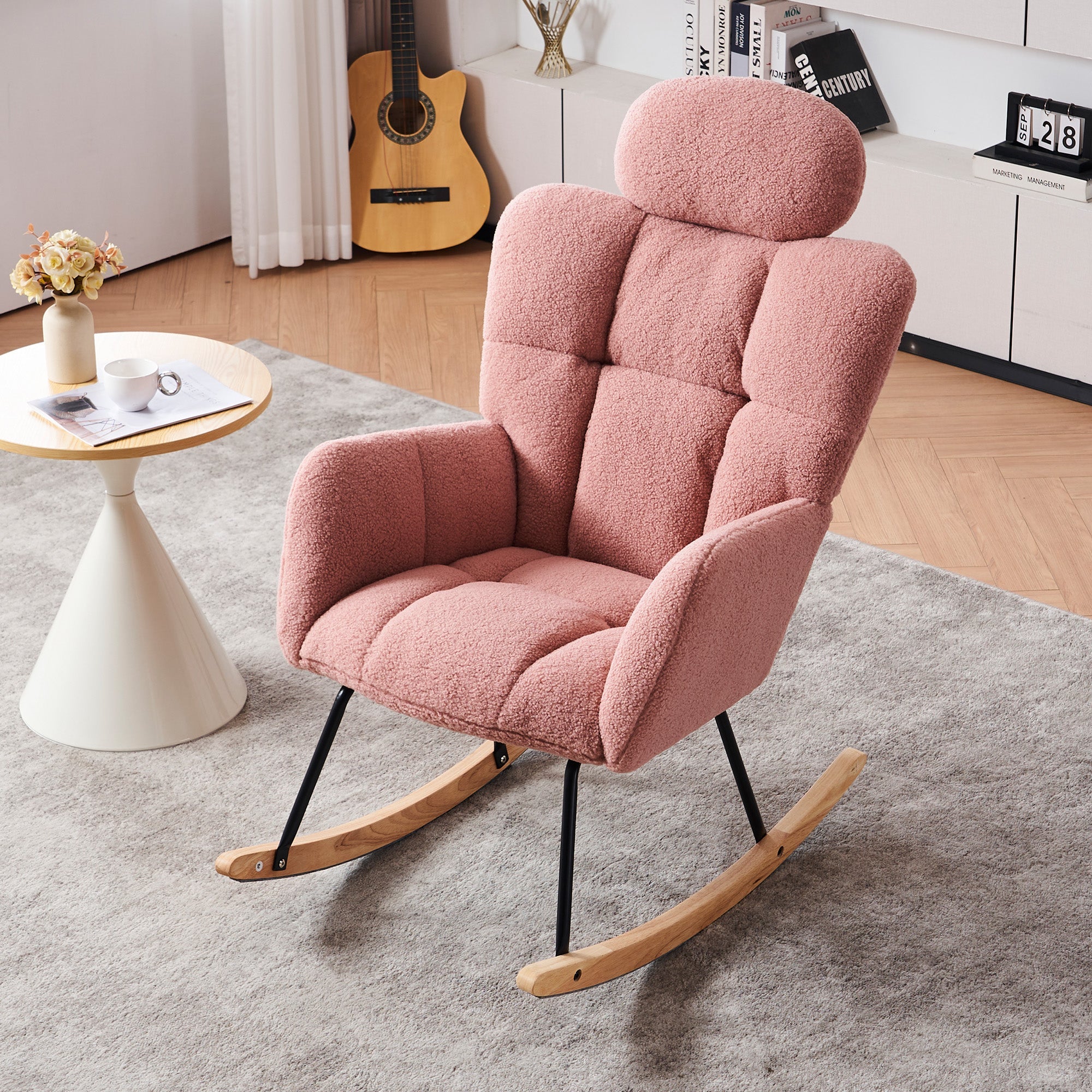 Rocking Chair 055, Tufted Upholstered, Pink Teddy Fabric