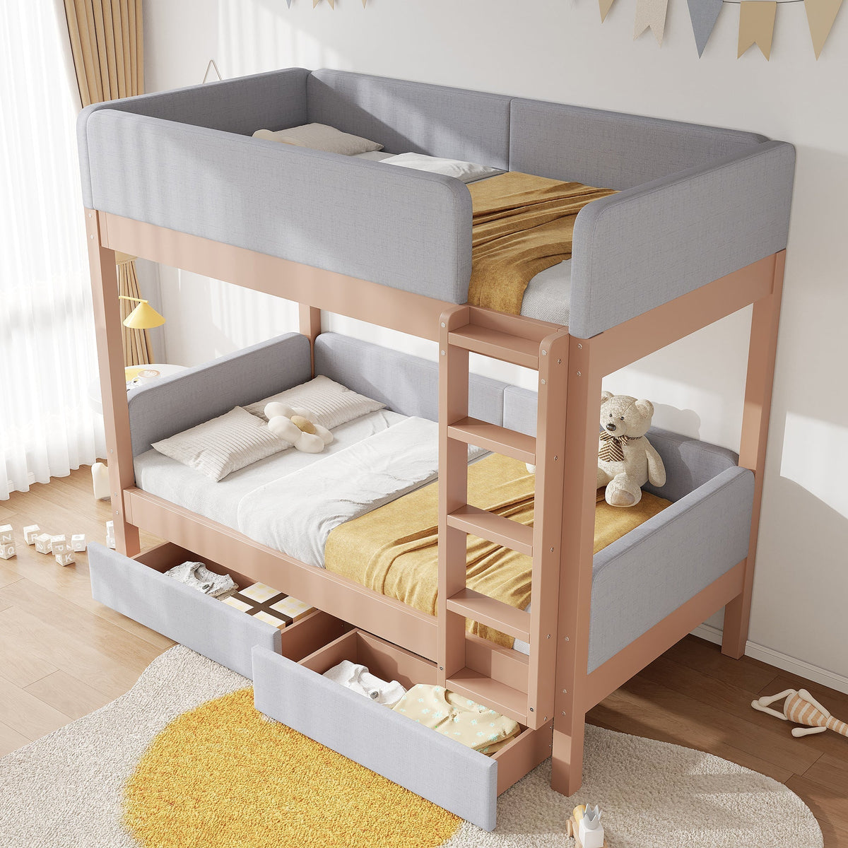 Bunk Bed with Anti-Collision Edge, Straight Staircase and Two Drawers, 90x200cm, Grey and Natural Rubberwood + MDF