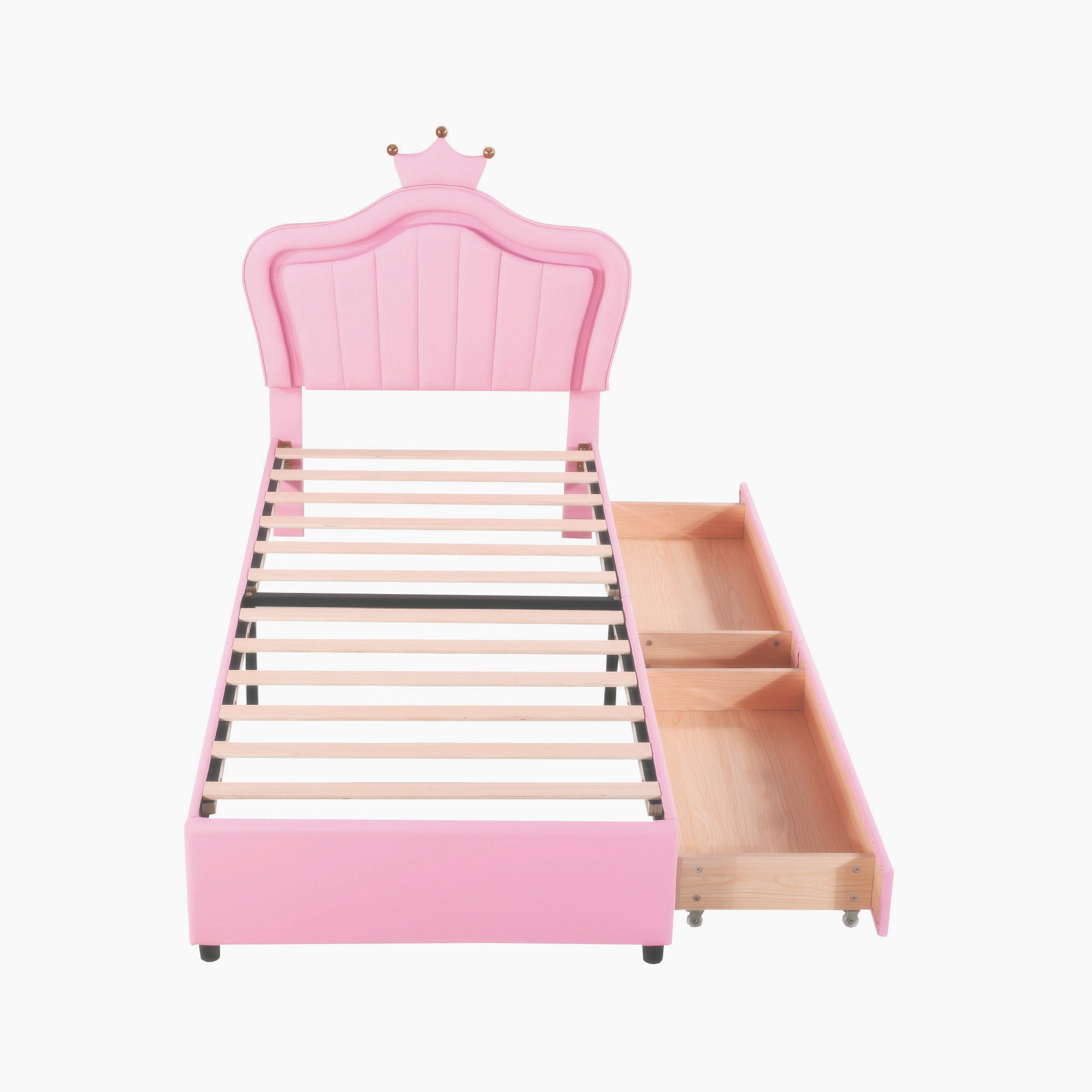 Children's Bed, Upholstered with Storage Drawers & LED Lights, Pink PU Leather