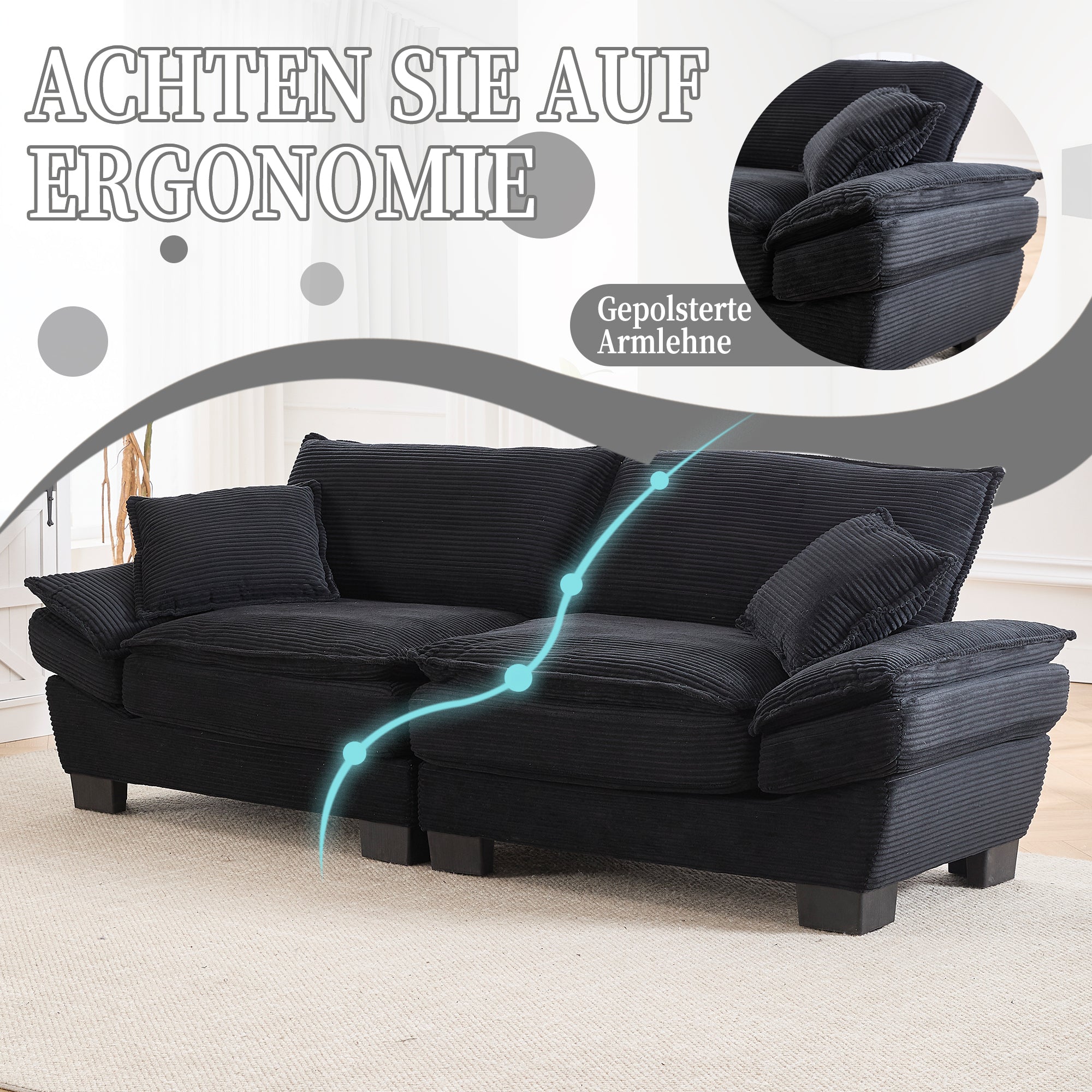 Double Sofa, Modern Simple Feather Bed, Black
