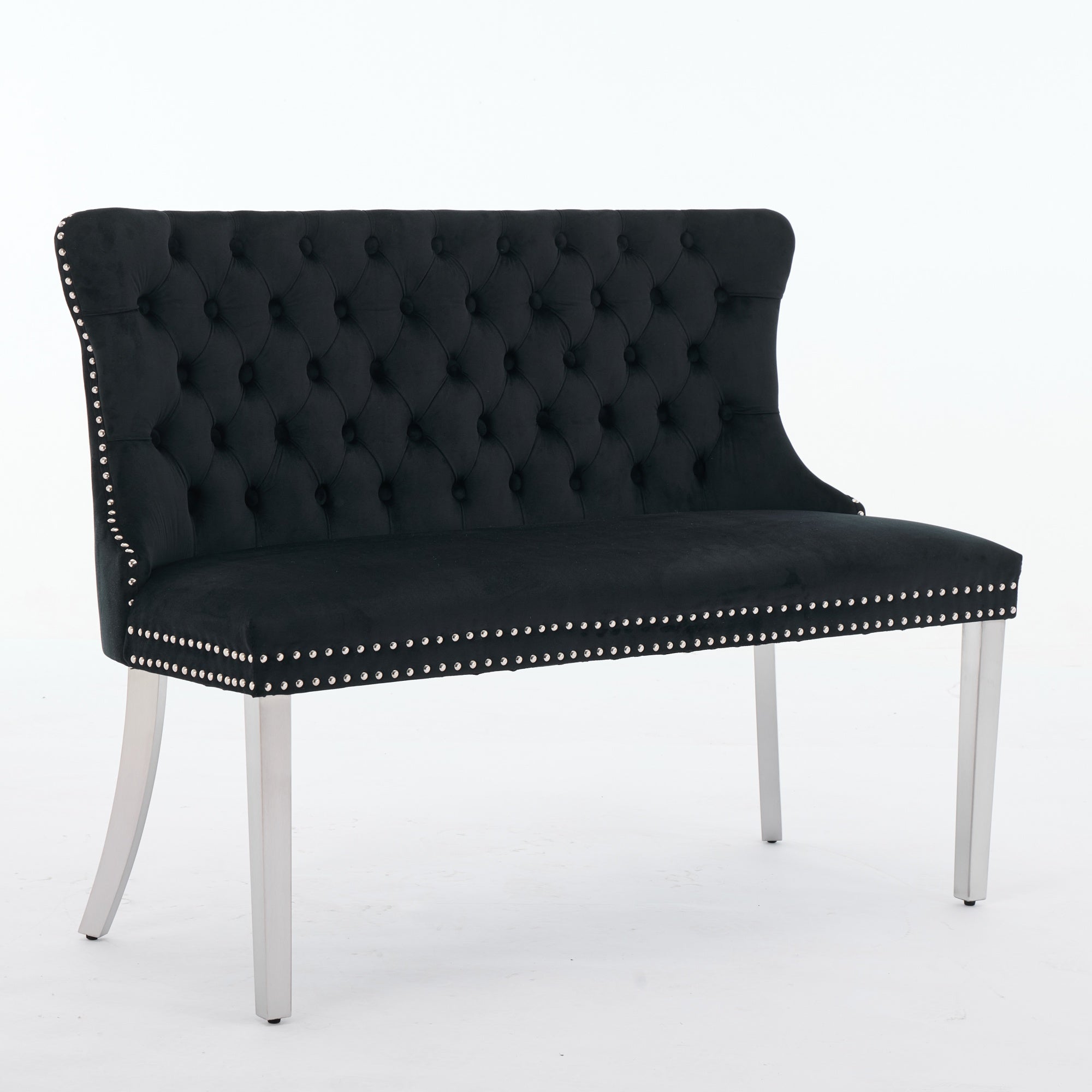 Velvet Double Dining Loveseat Bench, 2-Seat Tufted Wing Back with Brushed Silver Legs, Black Velvet