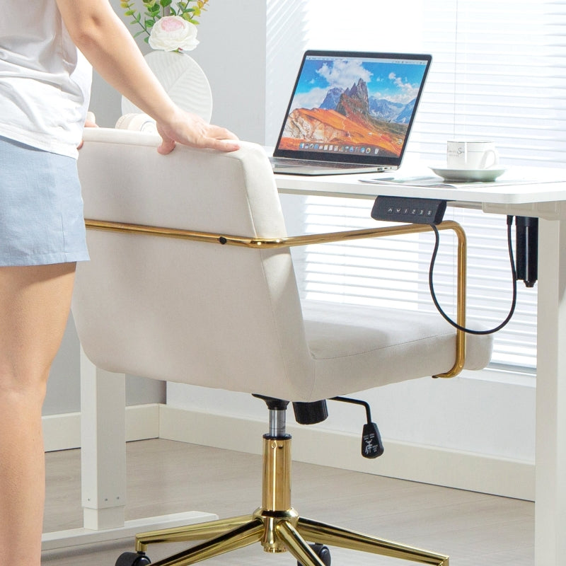 Rolling Office Chair Gold Accents Velvet Look Metal Base - Cream White