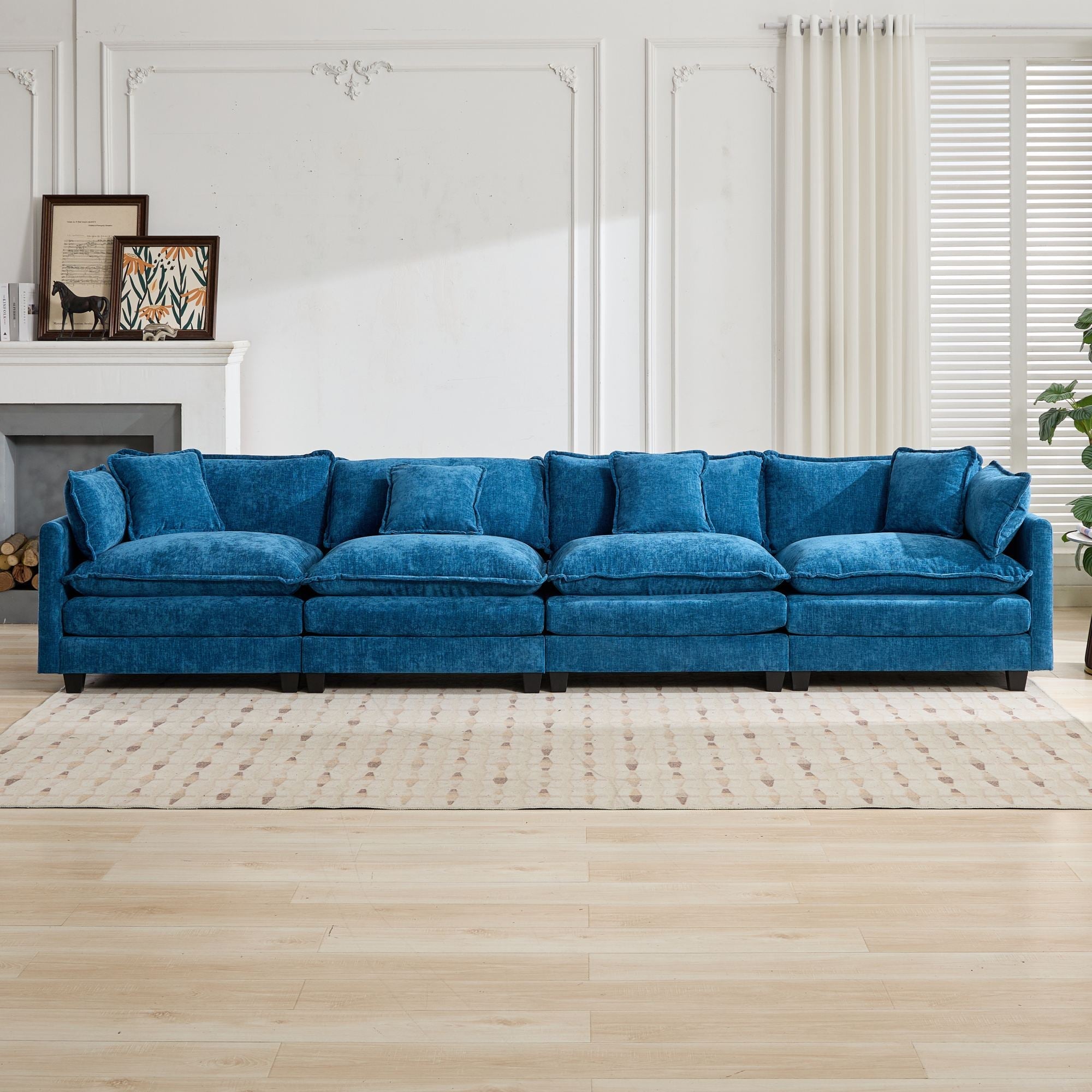 Cloud Sofa 4 Seats Sectional Couch with Double Layer Upholstered Cushion, Blue Chenille Fabric