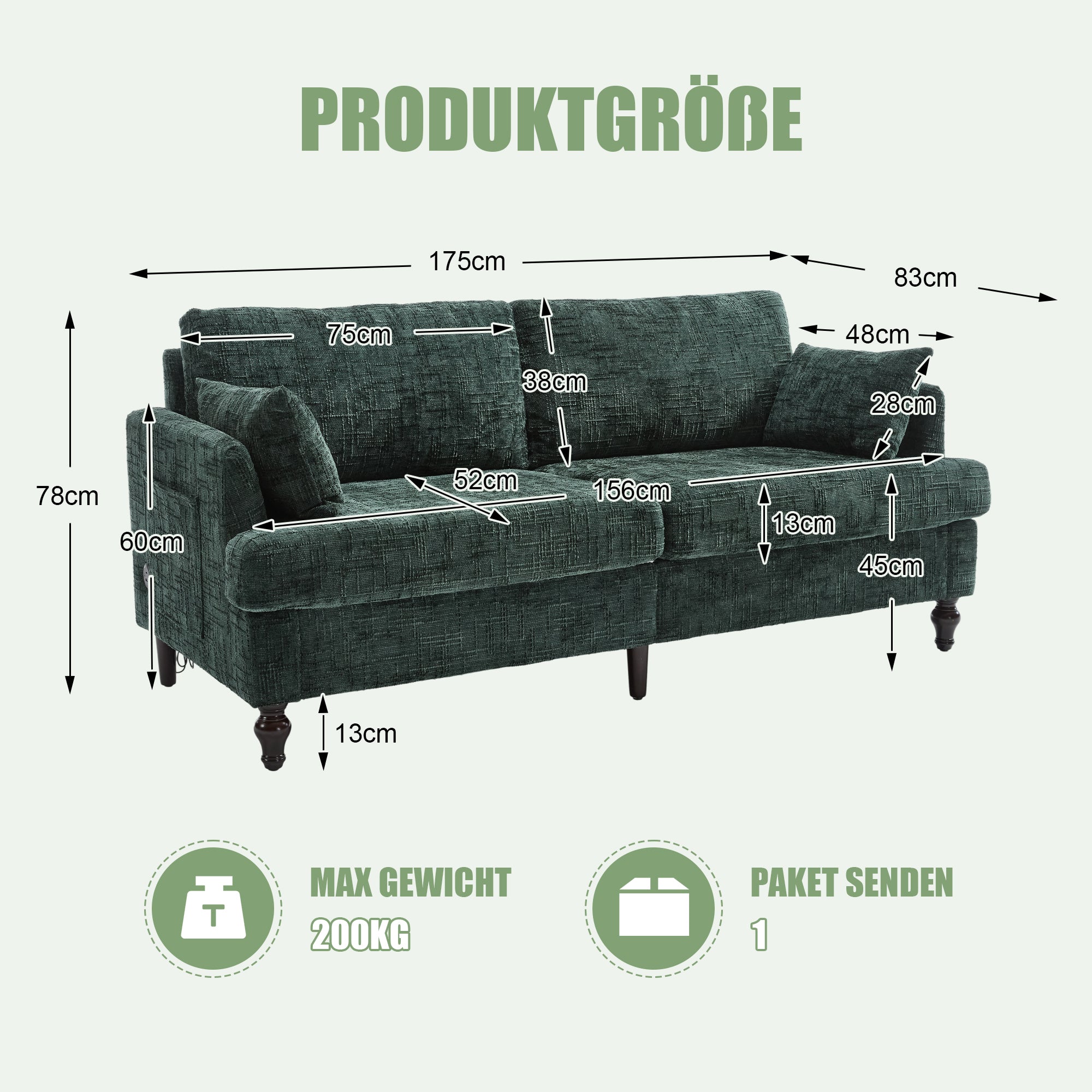 Sofa, Modern 2-Seater with LED Light, USB Port, Storage Bag, Chenille