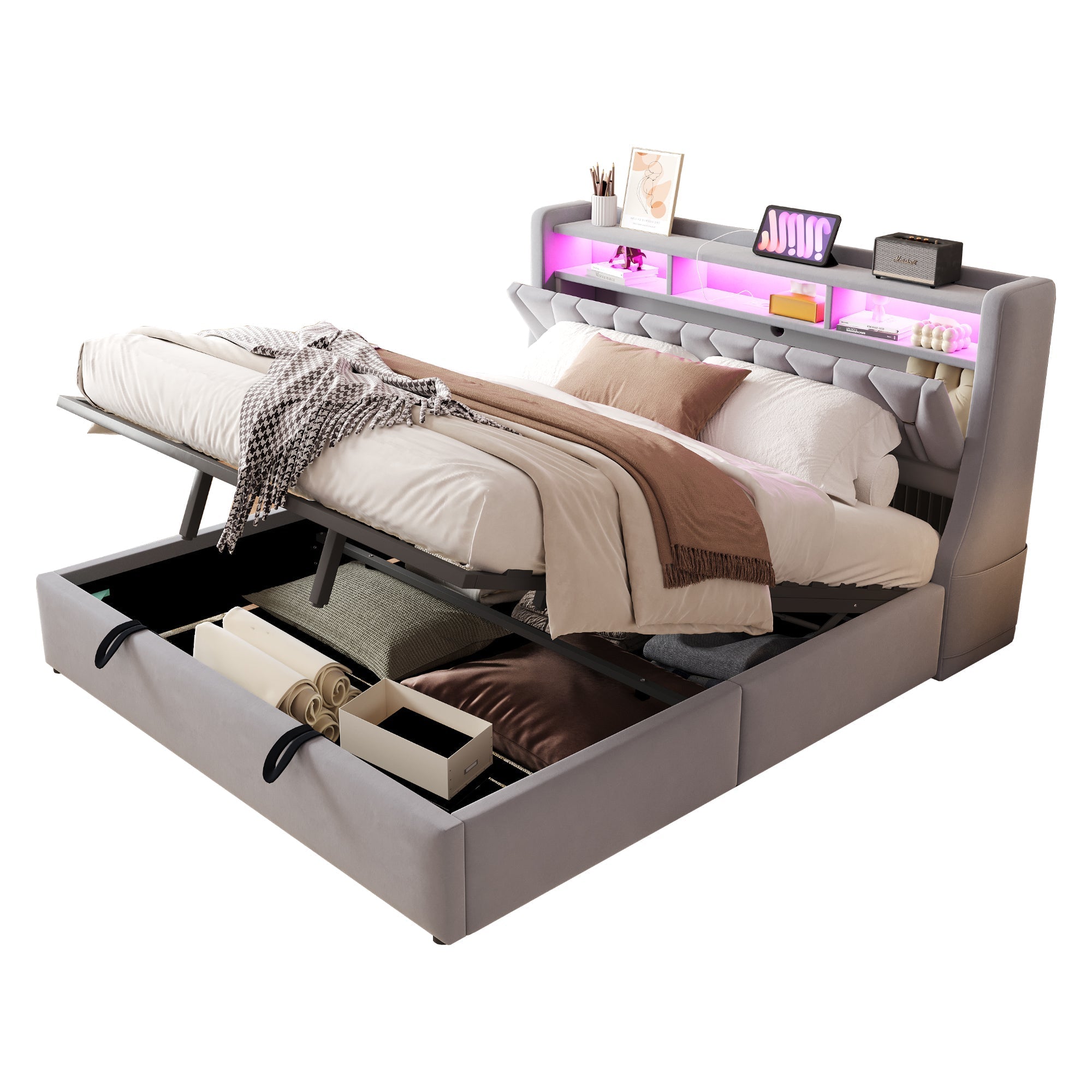 Upholstered Bed 180x200cm Hydraulic Storage Headboard with Power Outlet LED Light Grey Velvet