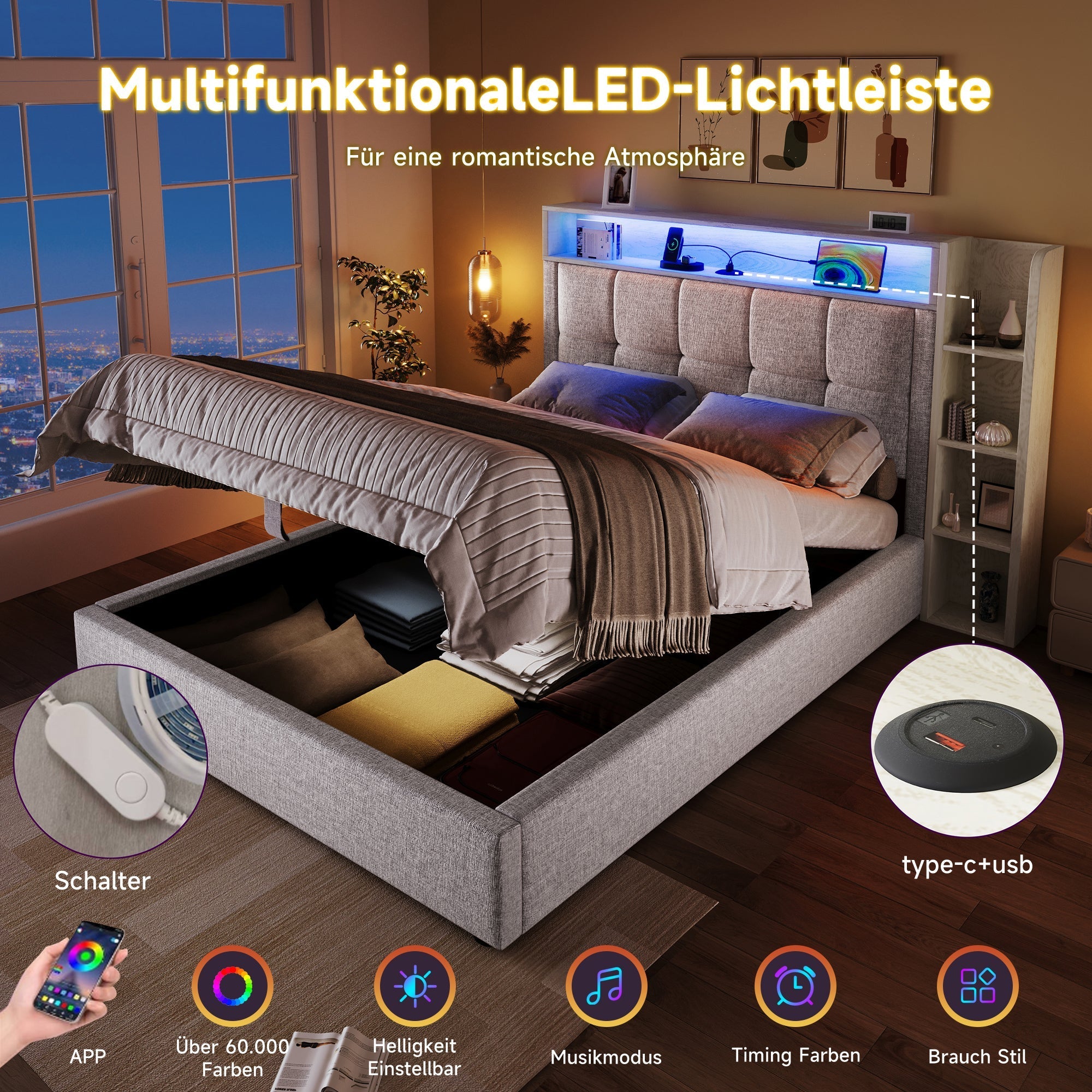 Upholstered Bed 90x200cm Multifunctional Storage LED USB/Type-C App Control - Linen Beige