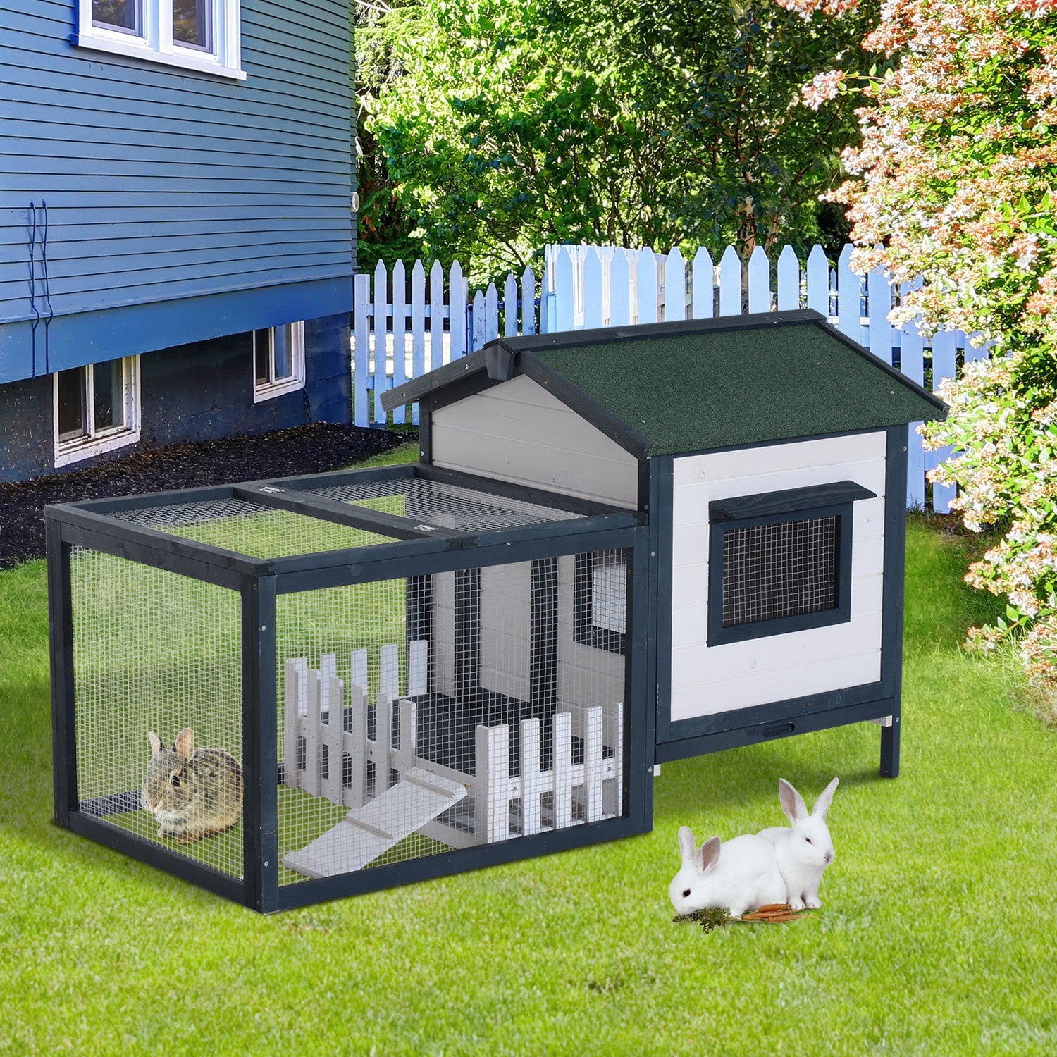 Rabbit Hutch Small Animal Cage, 151x78x84.5 cm Outdoor Run Ramp, Green White