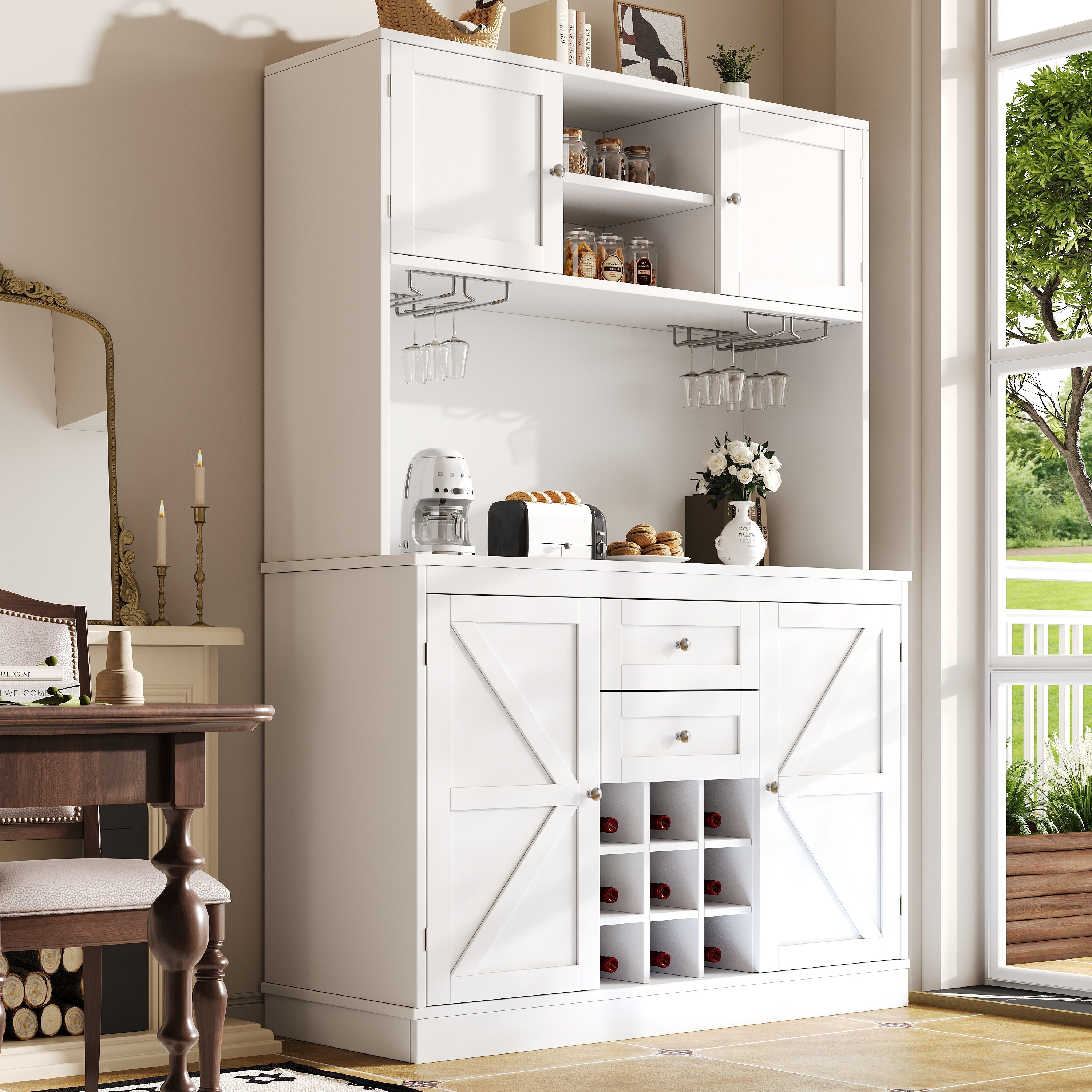 Tall Kitchen Cabinet Buffet with Adjustable Shelves Wine Rack 4 Doors 2 Drawers - White