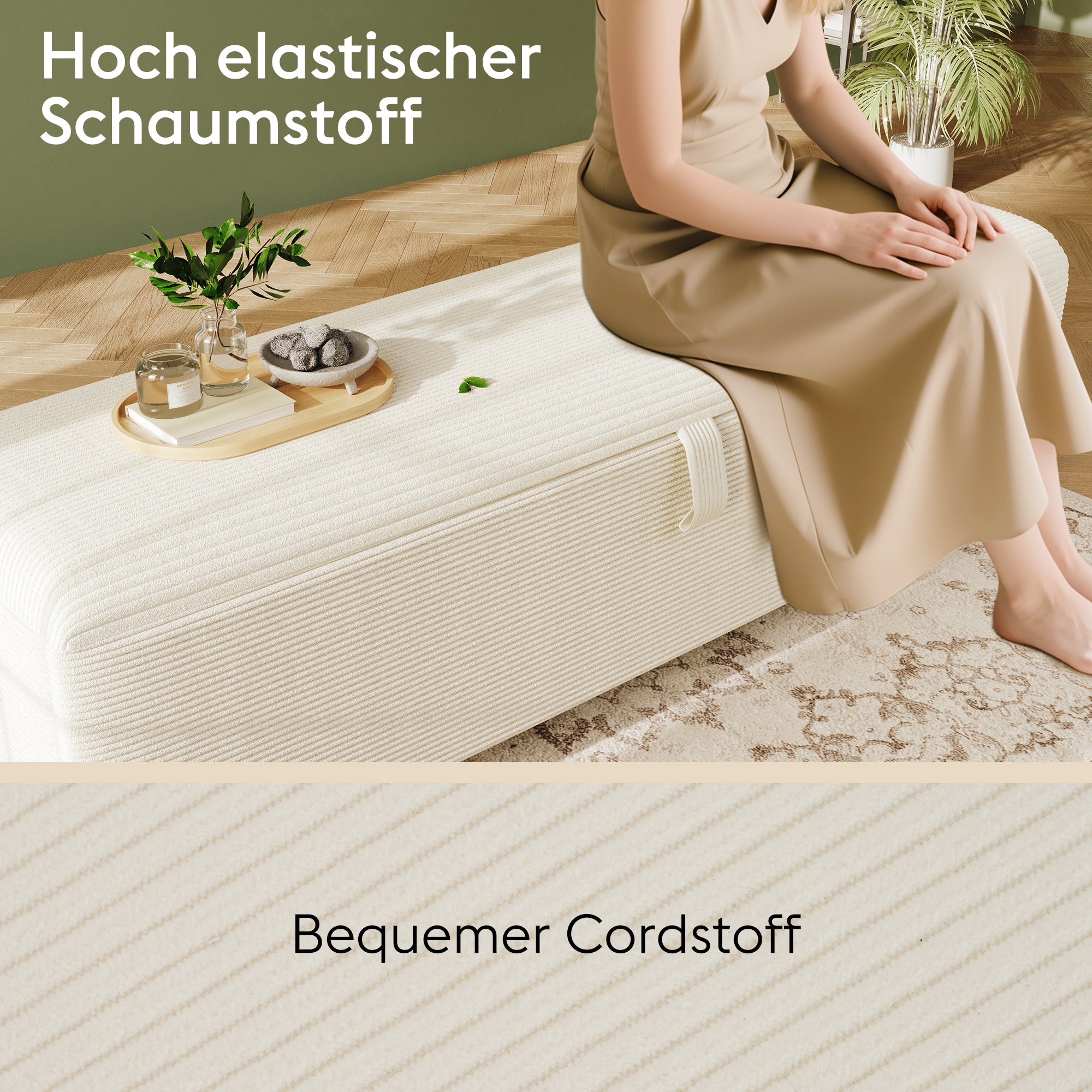 bed bench with storage space, 145 x 38 cm upholstered, beige corduroy