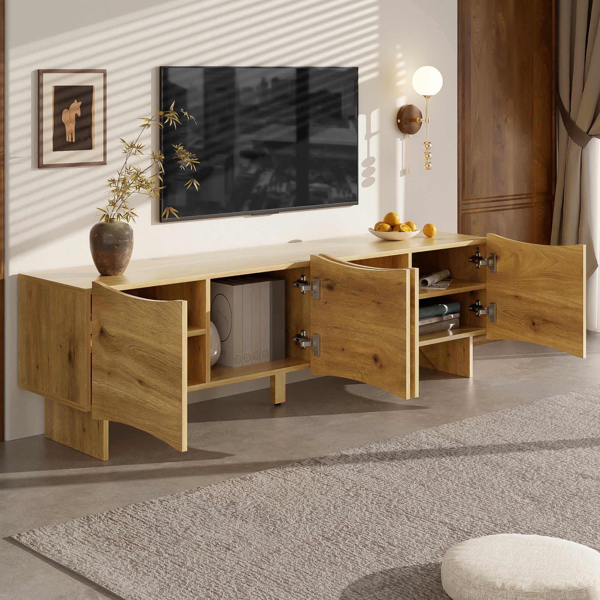 Modern TV Cabinet, 155cm Media Console with 4 Doors & Storage, Wood Look