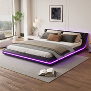 Flatbed Floor Bed 160x200cm with LED Ambient Light PU Black