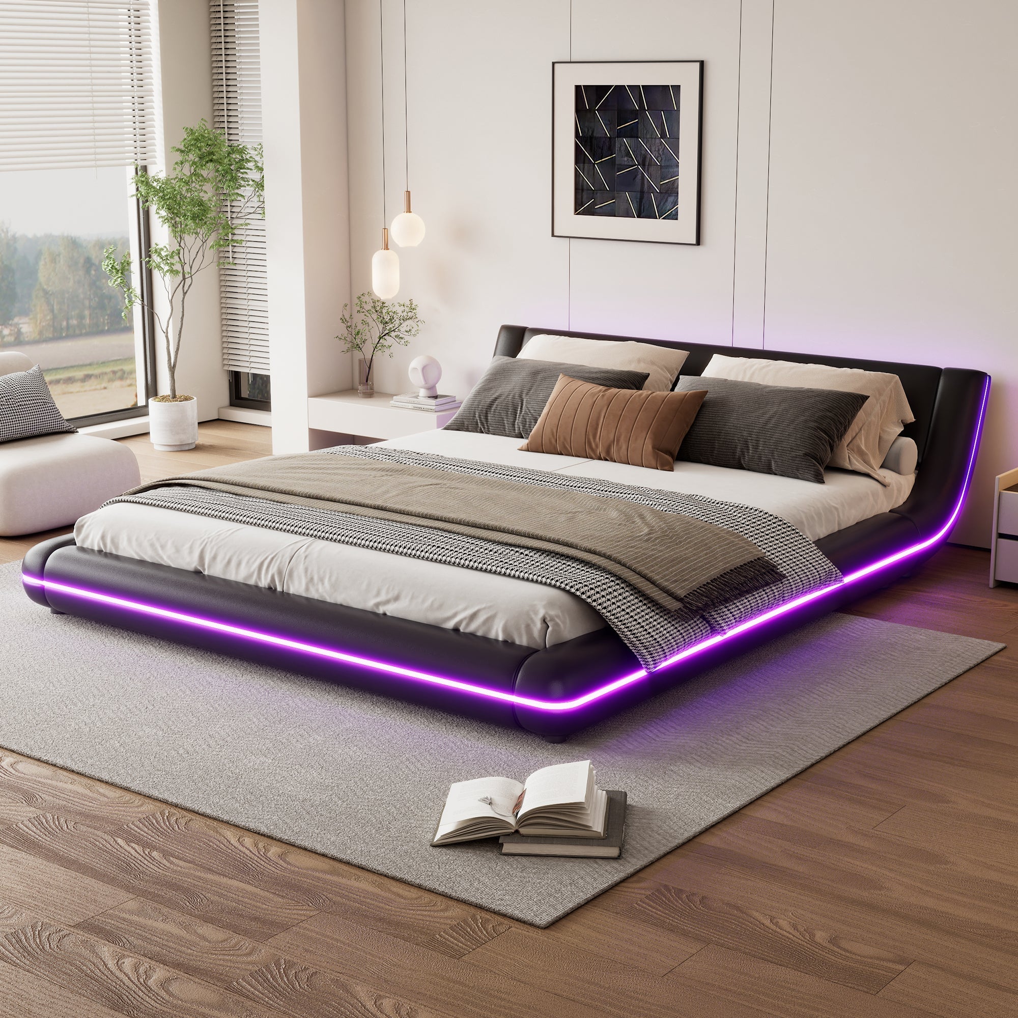 Flatbed Floor Bed 160x200cm with LED Ambient Light PU Black