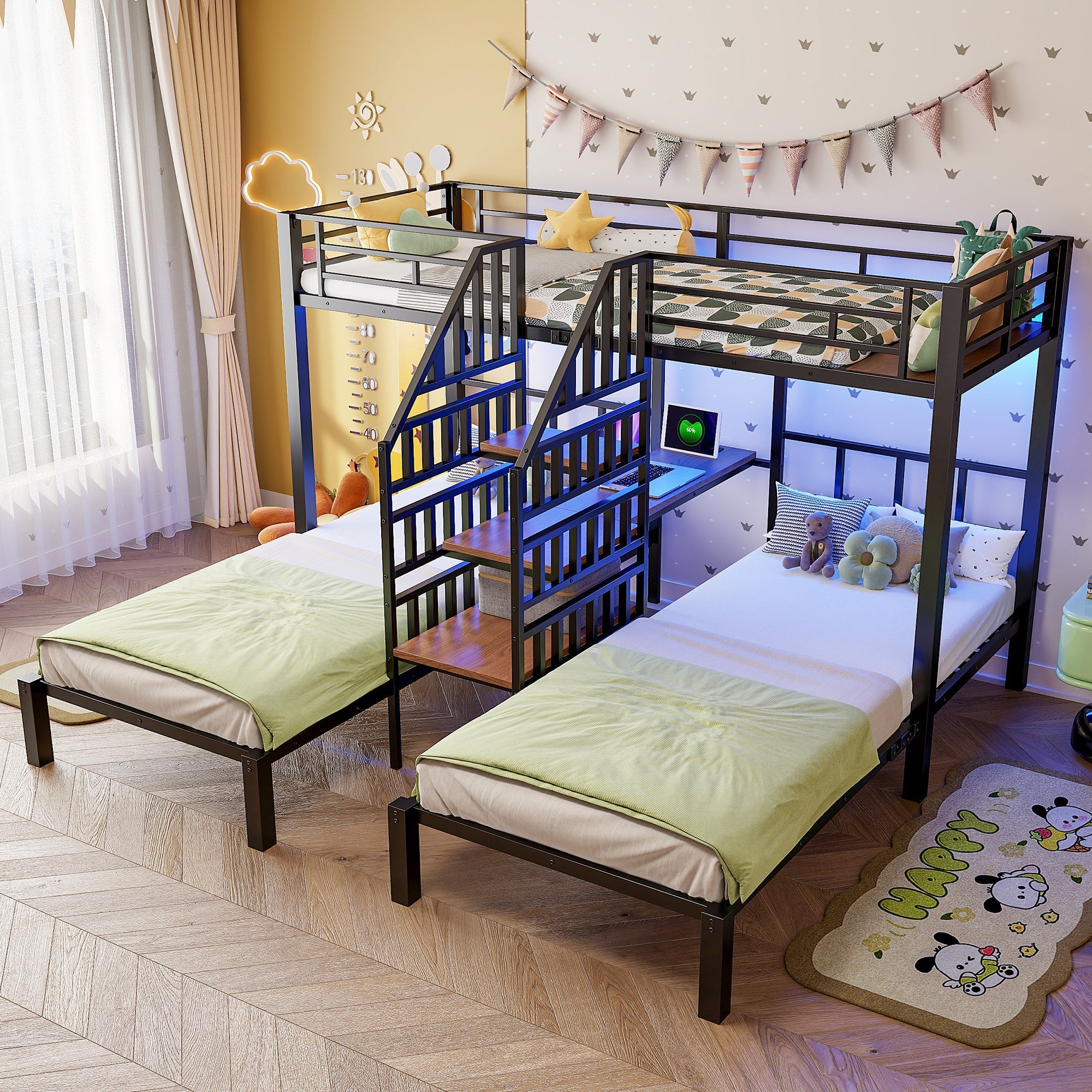 Bunk Bed with 3 Beds, LED Lights, Desk and USB Ports, Black