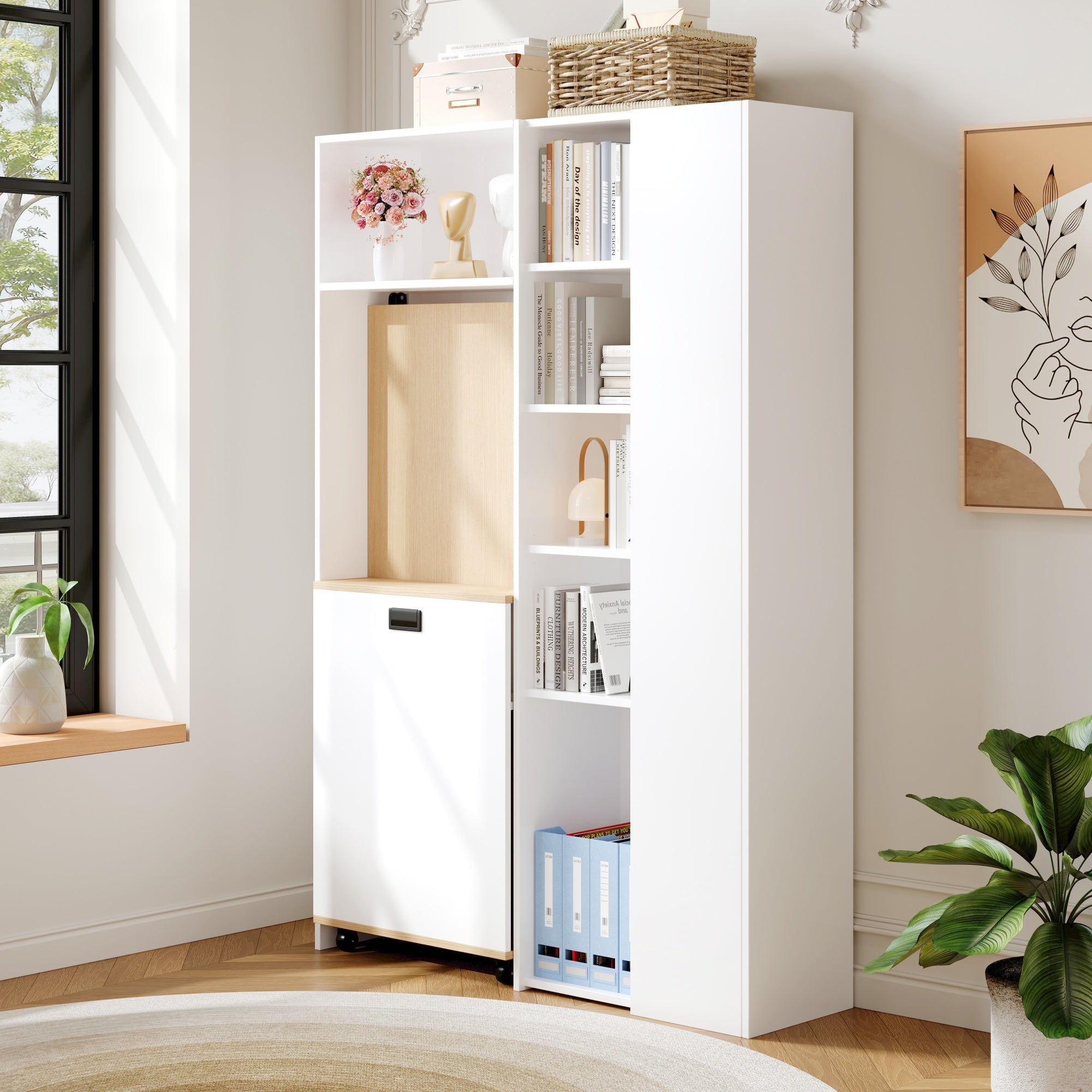 Folding Desk with Shelves, 2-in-1 Bookshelf, USB, Adjustable, White