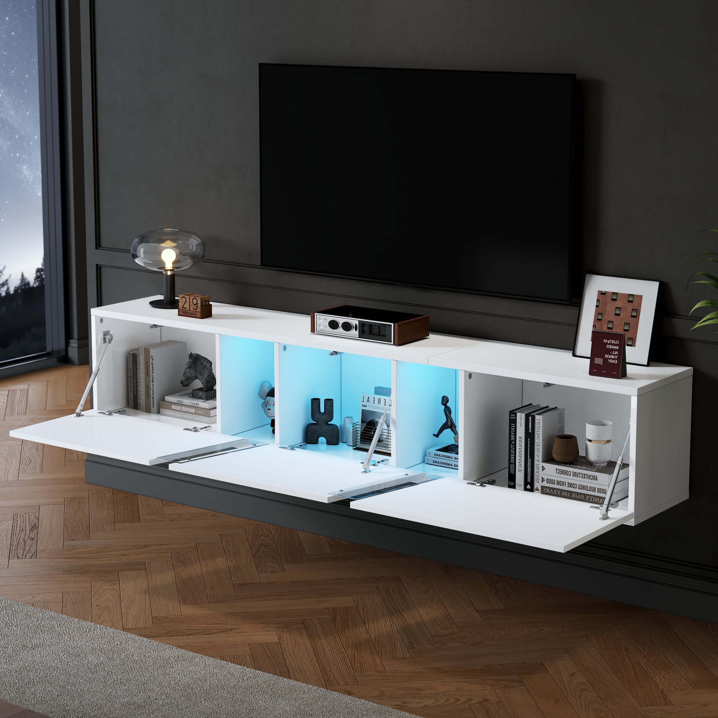 TV Cabinet 180cm Wall-Mounted Lowboard with LED Lights, 3 Doors, White