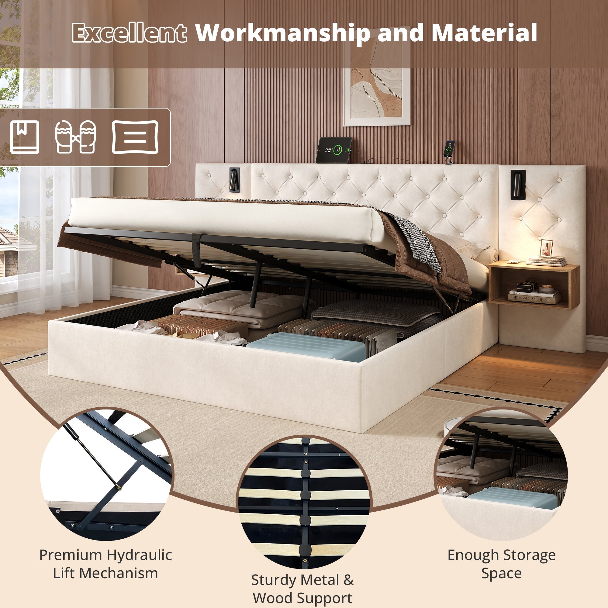 King Upholstered Bed with Charging Station, Reading Light, and Hydraulic Storage, Beige Velvet