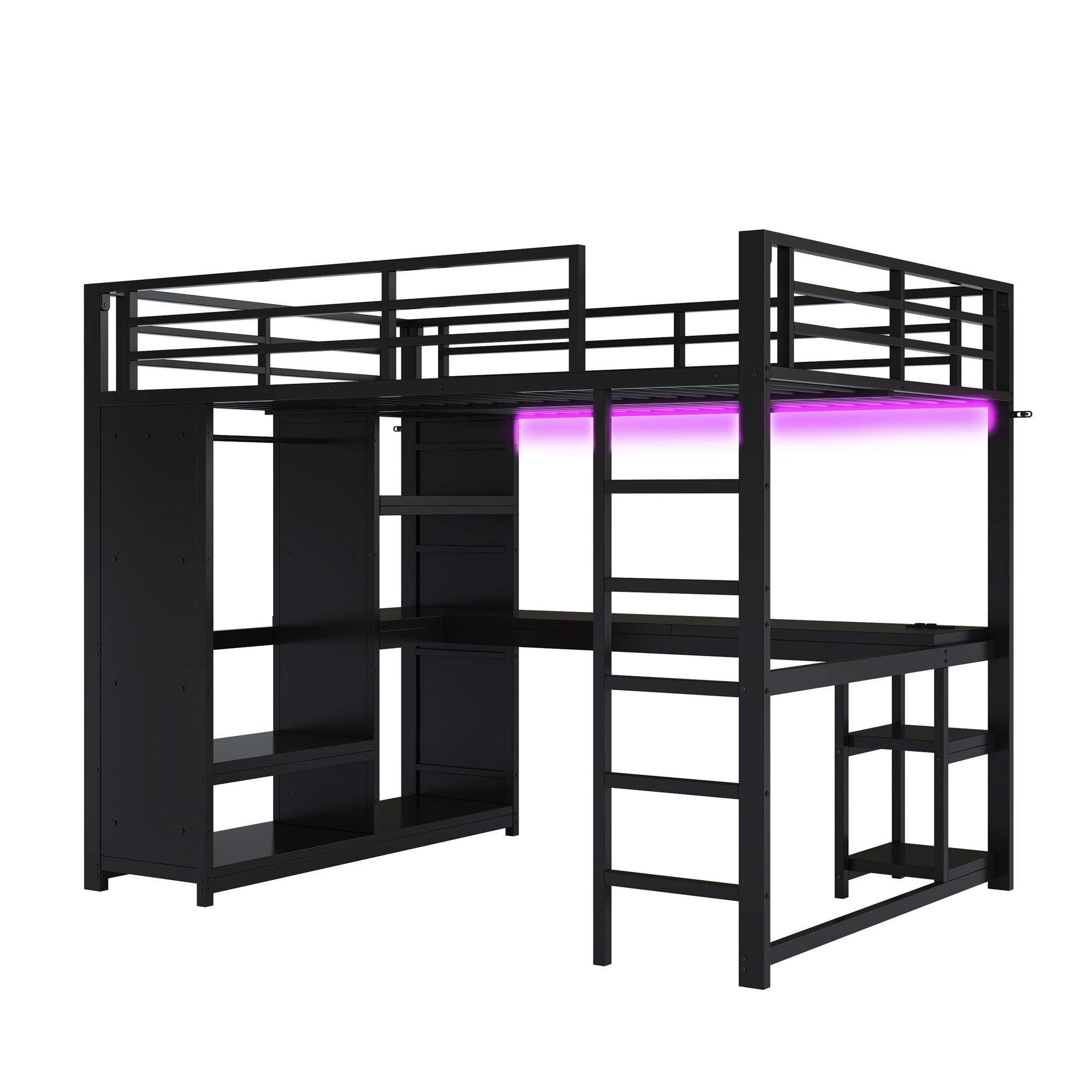Metal Gaming Loft Bed 140x200 LED Desk Wardrobe Storage - Black