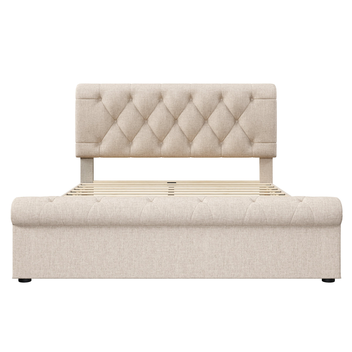 Double Upholstered Bed 140x200cm, 4 Drawers Adjustable Headboard, Natural Finish