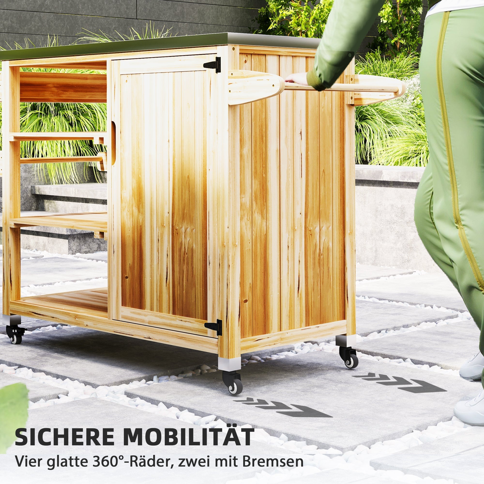 Grill Cart 6-Tier Work Surface Towel Rack Outdoor Trolley, Natural Wood