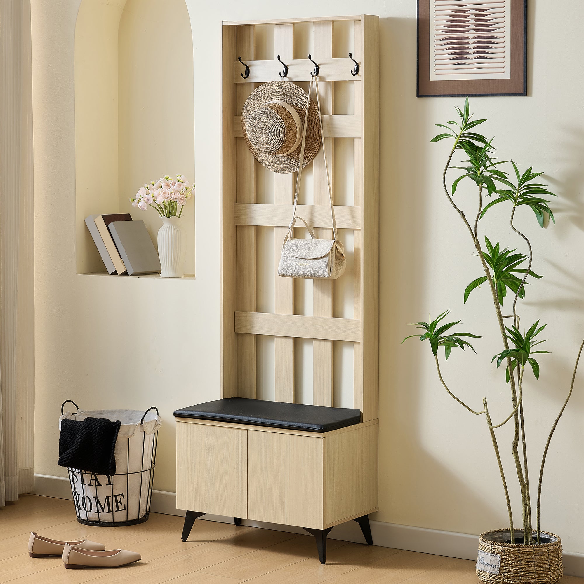 Modern Wardrobe with Bench and 4 Hooks, Storage, Black Steel Legs