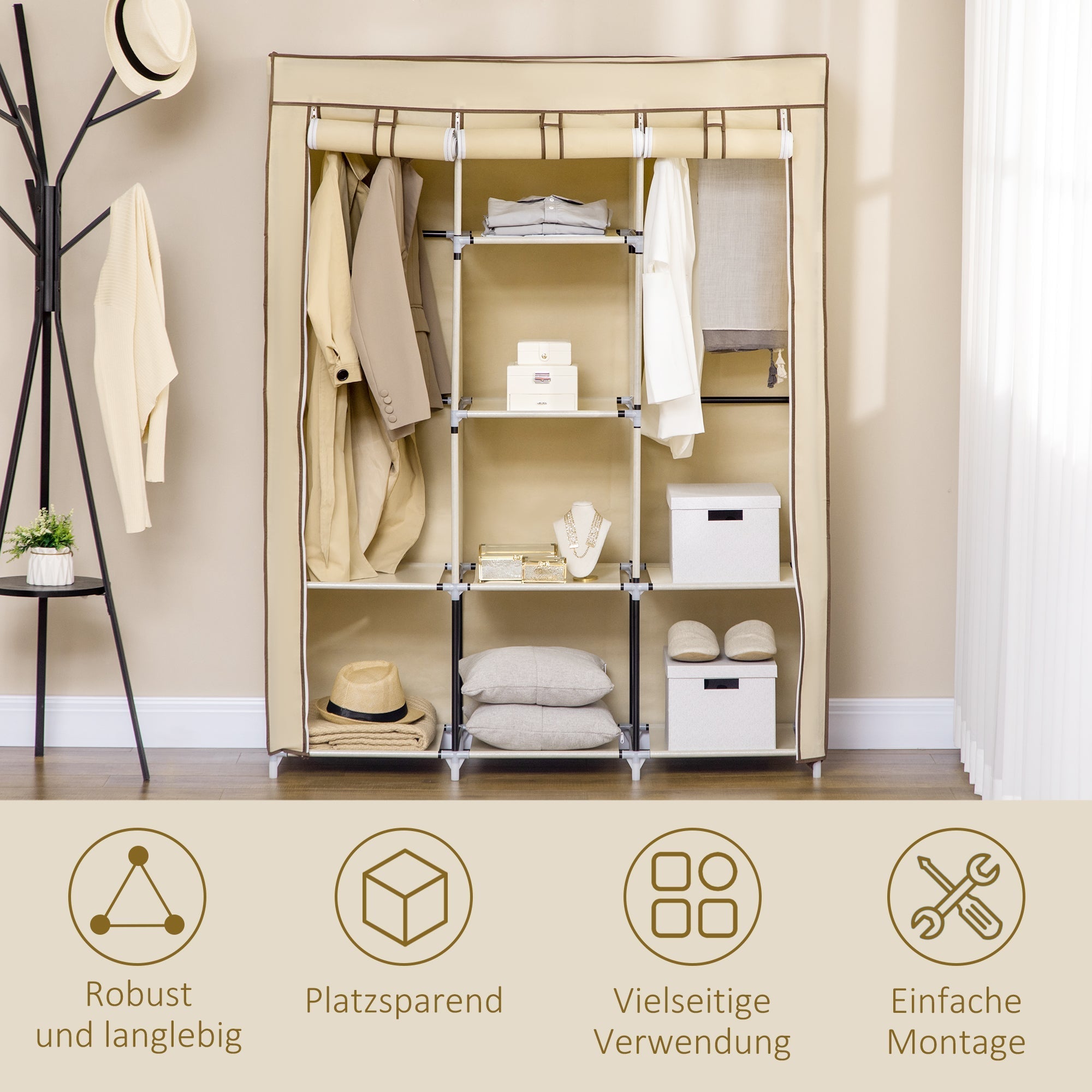 Fabric Wardrobe, 8 Levels & Clothes Rails, Folding, Nonwoven Fabric Beige