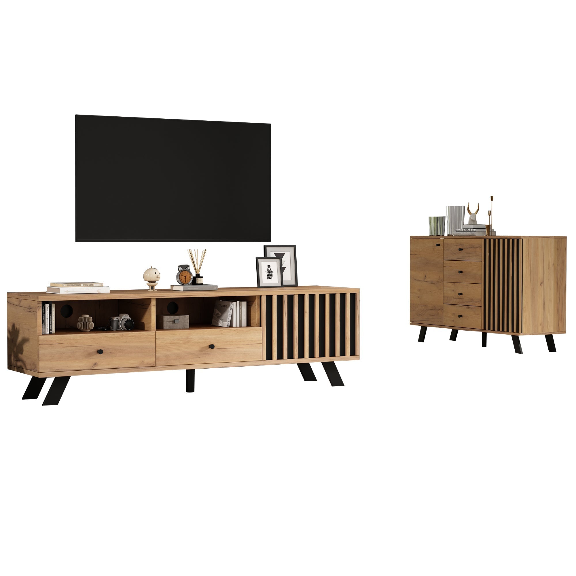 Living Room Combination, 120cm Sideboard + 150cm TV Cabinet, 5-Tier Storage, Solid Black Wood