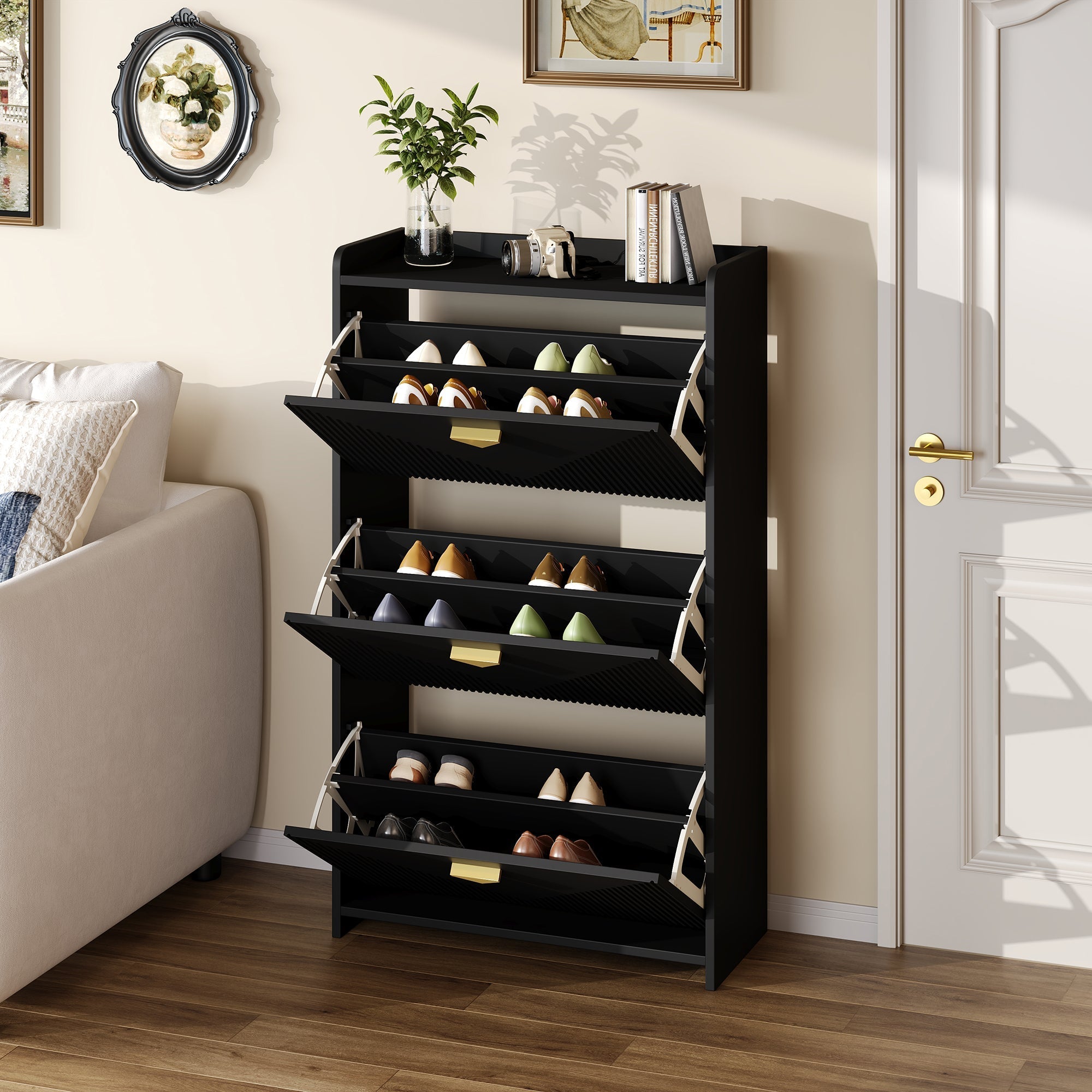 Shoe Cabinet 70x30x120cm 3 Drop-Down Doors 6 Compartments Adjustable Width Black
