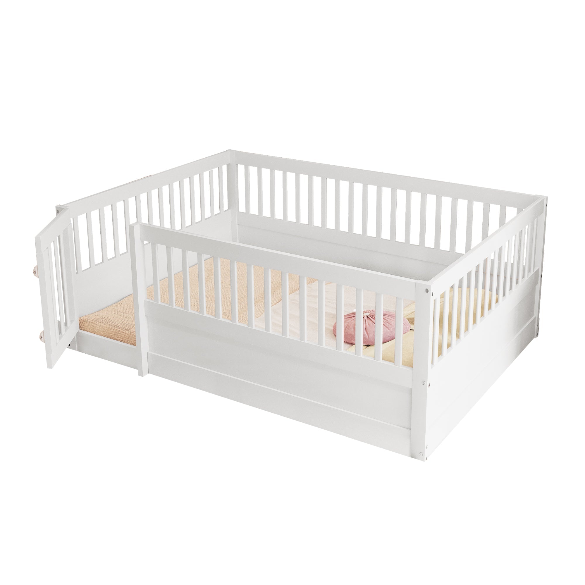 Children's Bed, 140 x 200 cm Wooden Frame with Bars & Door, White