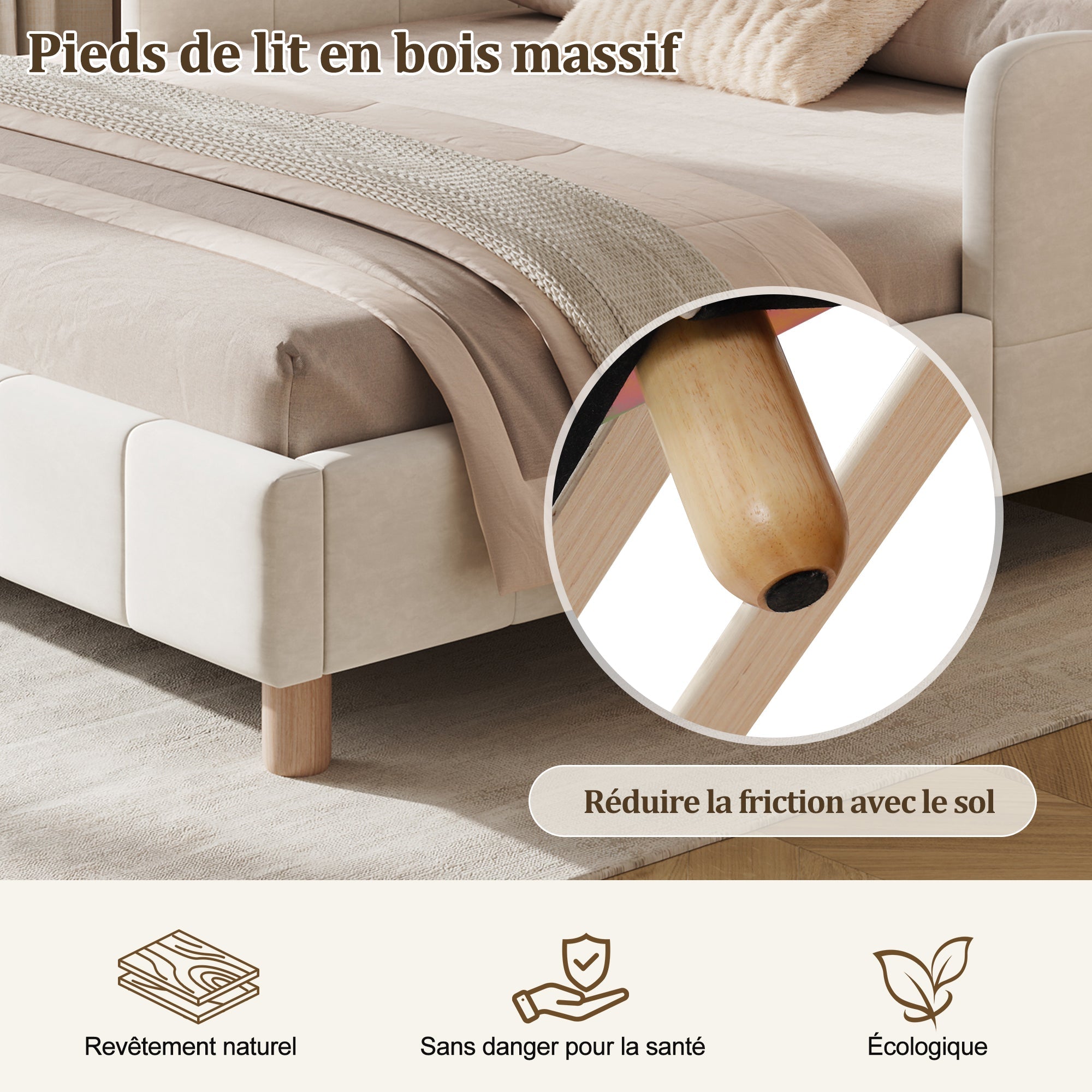 Upholstered Children's Bed with Tufted Headboard and Safety Rail, 140x190cm, Beige Velvet