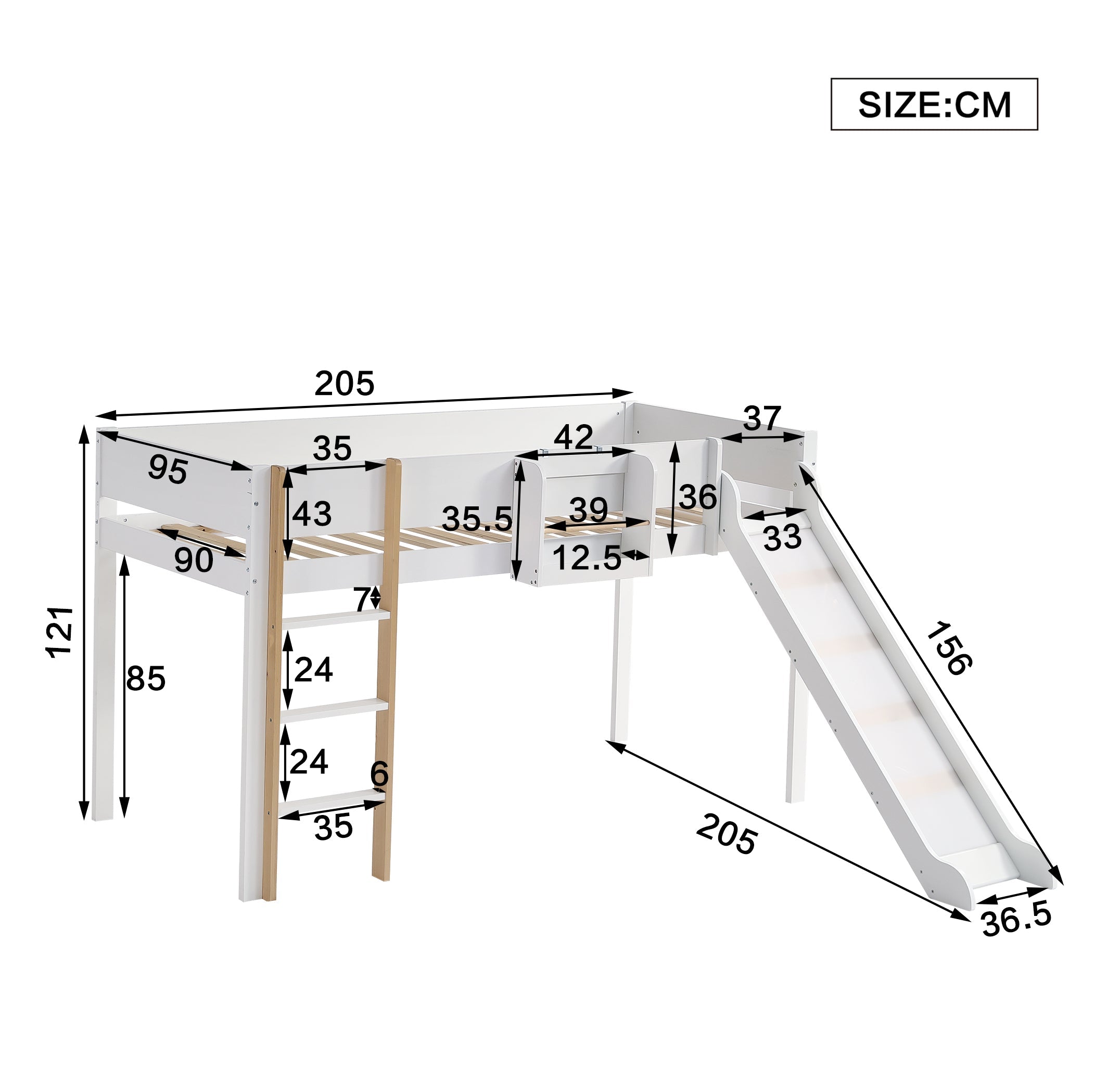 Loft Bed, Bunk with Slide & Removable Shelf, Pine+MDF White+Natural