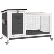 Rabbit Hutch, Free-Range Enclosure with Wheels, Folding Roof, Wooden Dark Grey