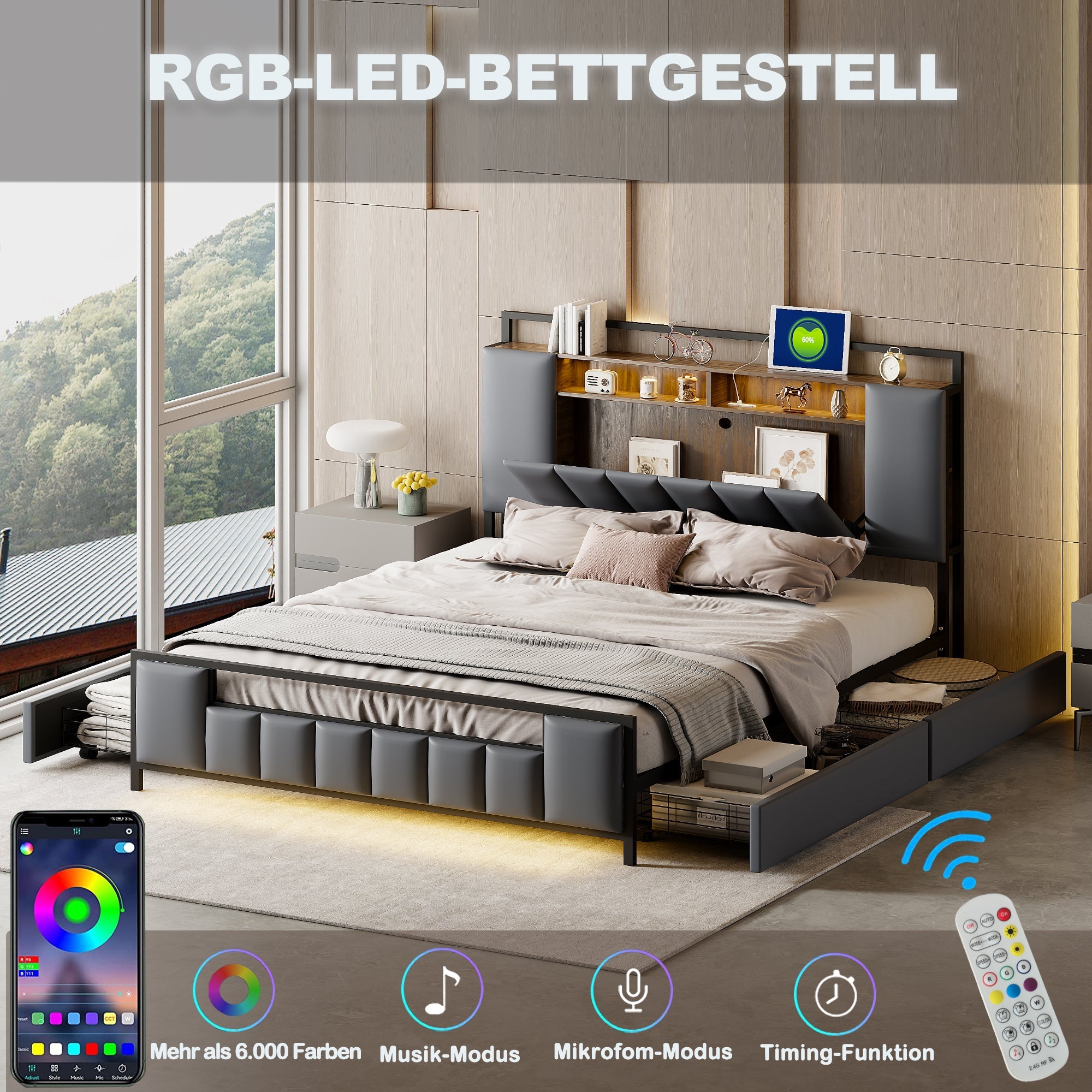 Upholstered Bed, Multifunctional with LED & USB, Drawers, Faux Leather Grey