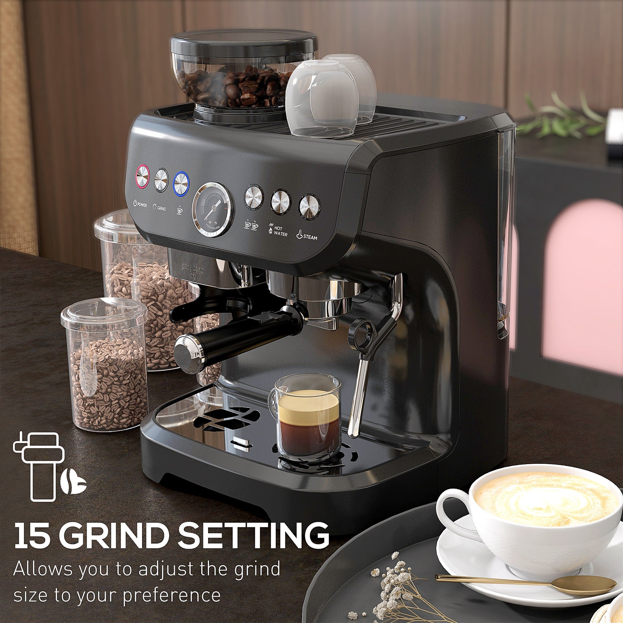 15 Bar Coffee Machine, Adjustable Grind Steamer, Silver