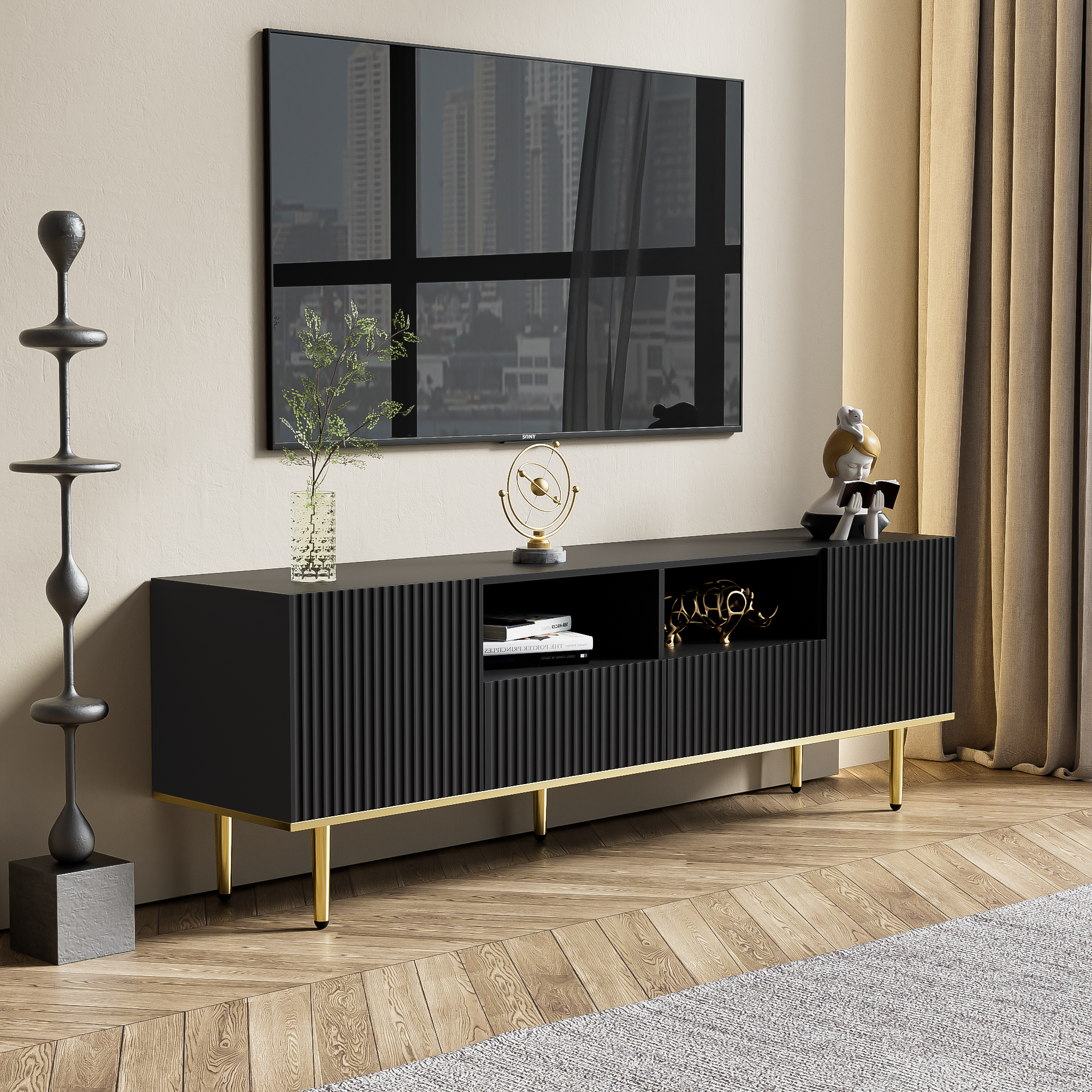 TV Cabinet, Modern with Golden Feet and Edge